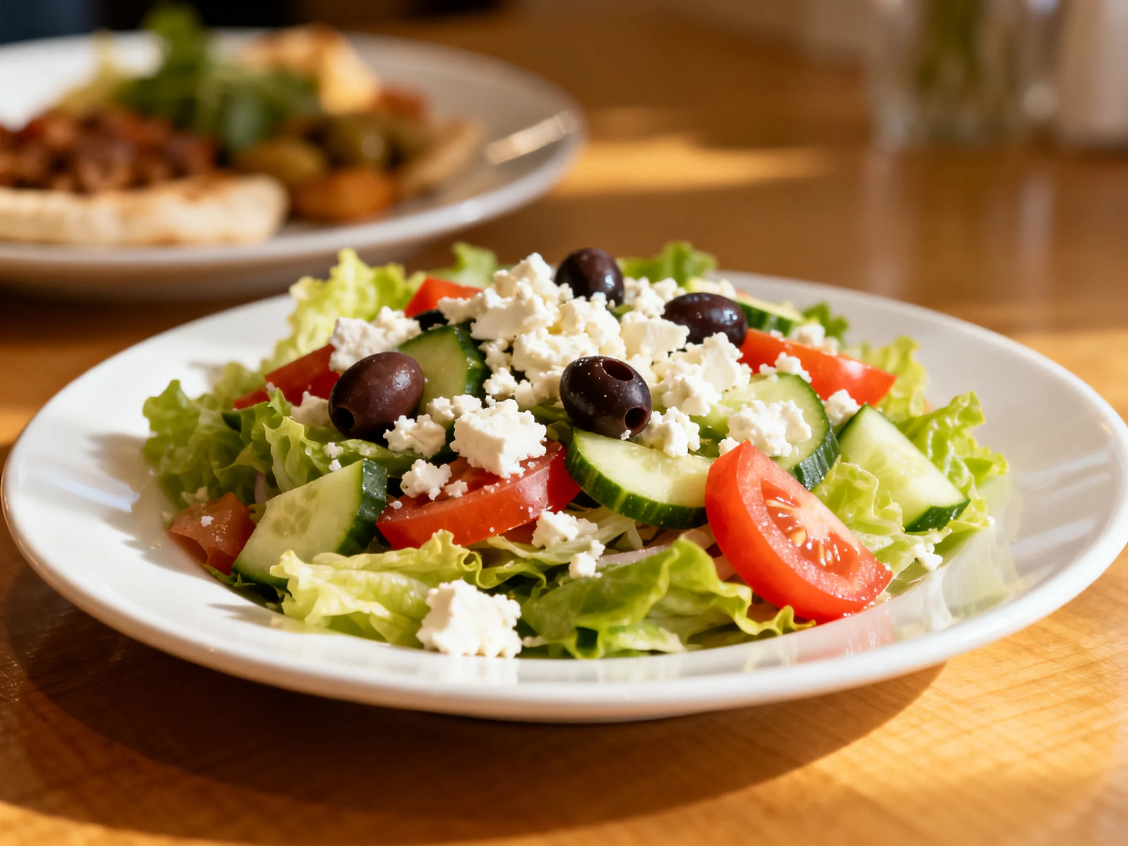 Fresh salad with tomatoes, cucumbers, feta, and olives on a white plate
