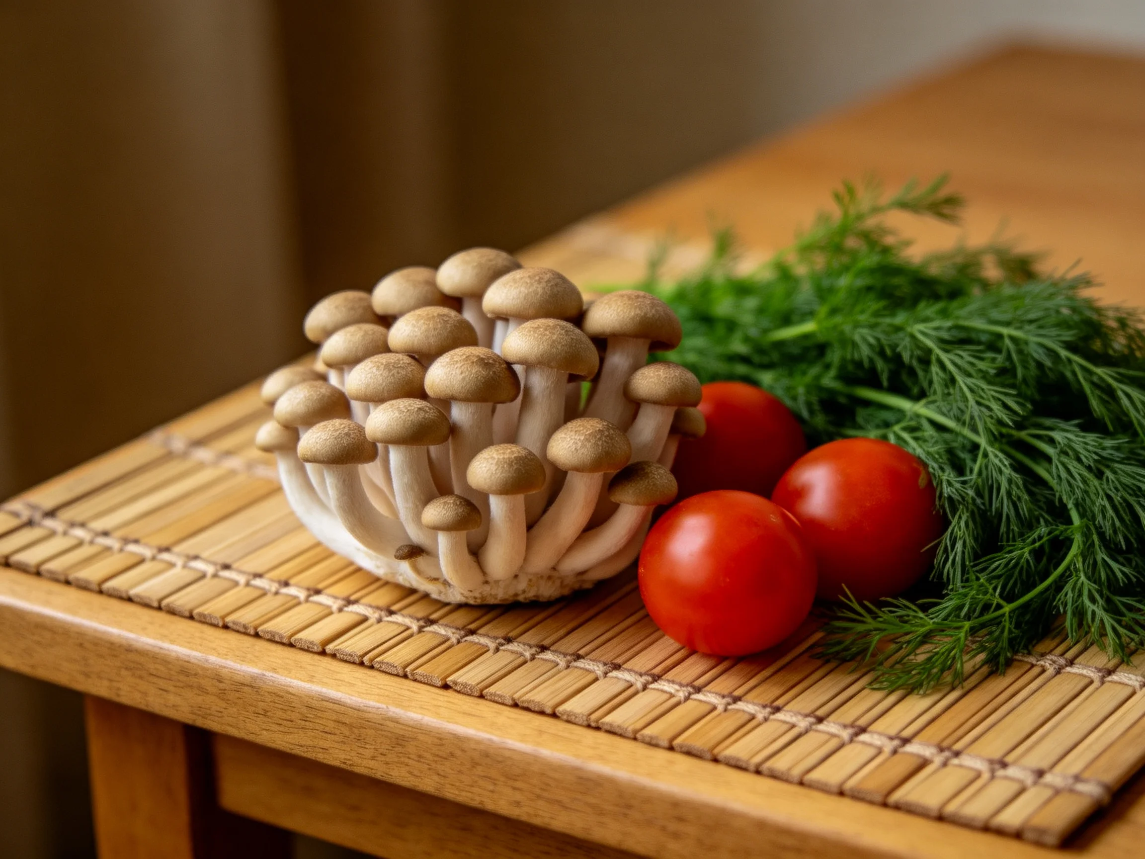 Fresh shimeji mushrooms, bright red tomatoes, and lush green dill on a bamboo mat