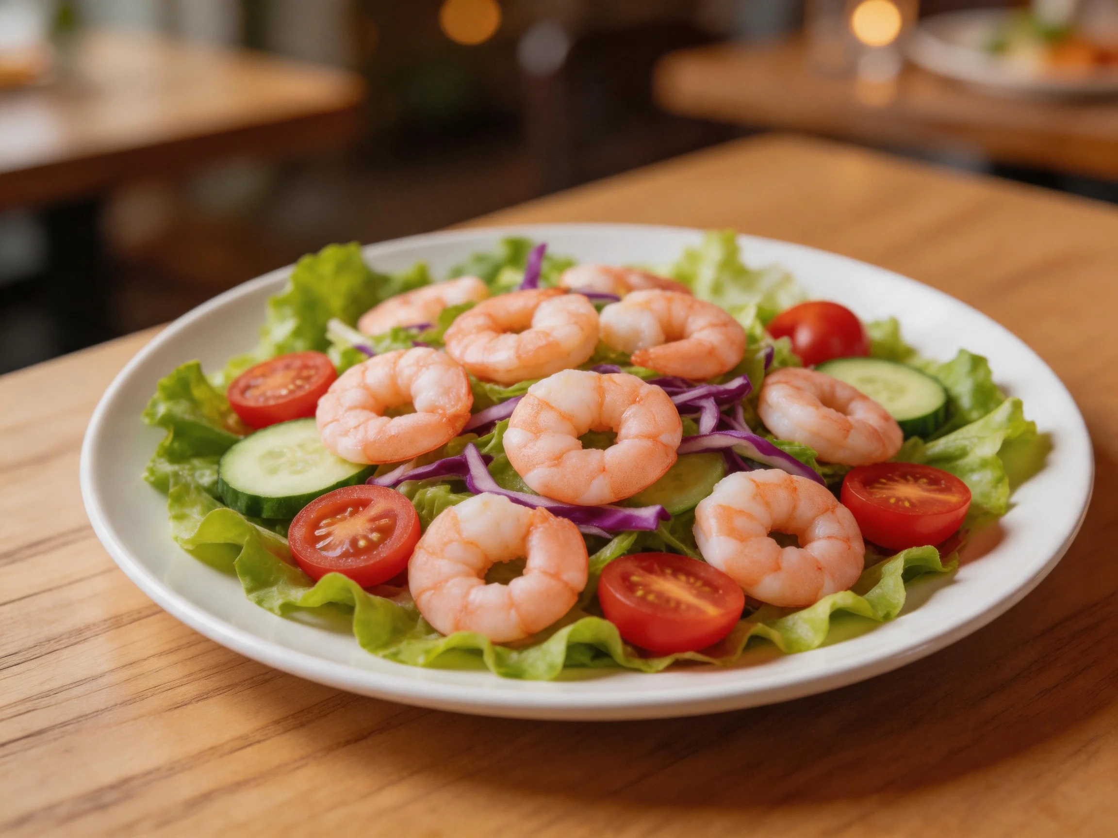 Fresh shrimp and mixed vegetable salad on a white plate