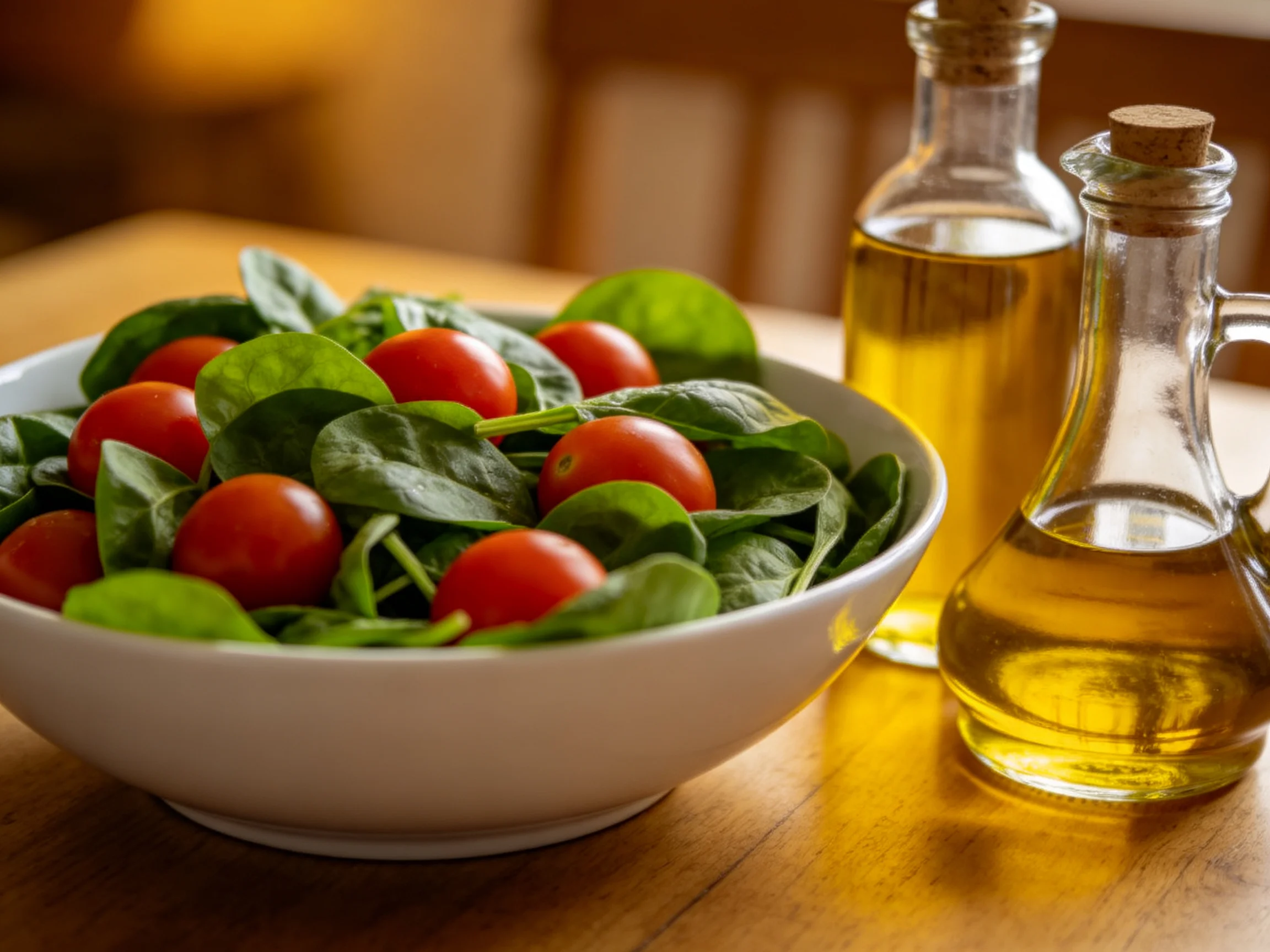 Fresh spinach and cherry tomato salad near two glass oil bottles