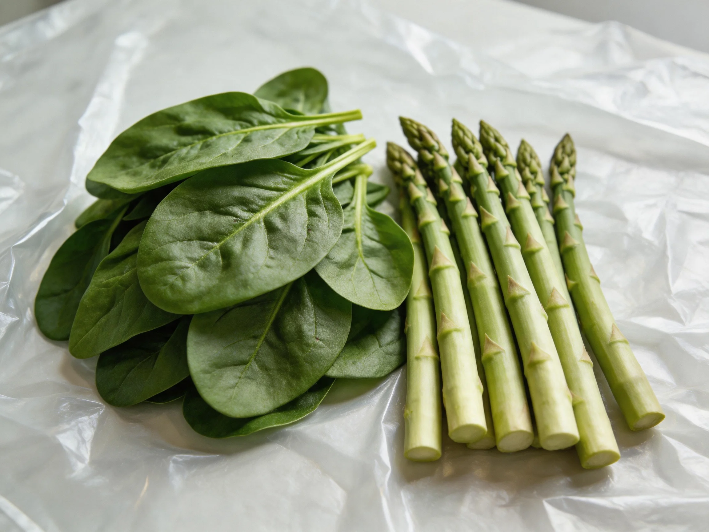 Fresh spinach leaves and six asparagus spears on crumpled plastic wrap