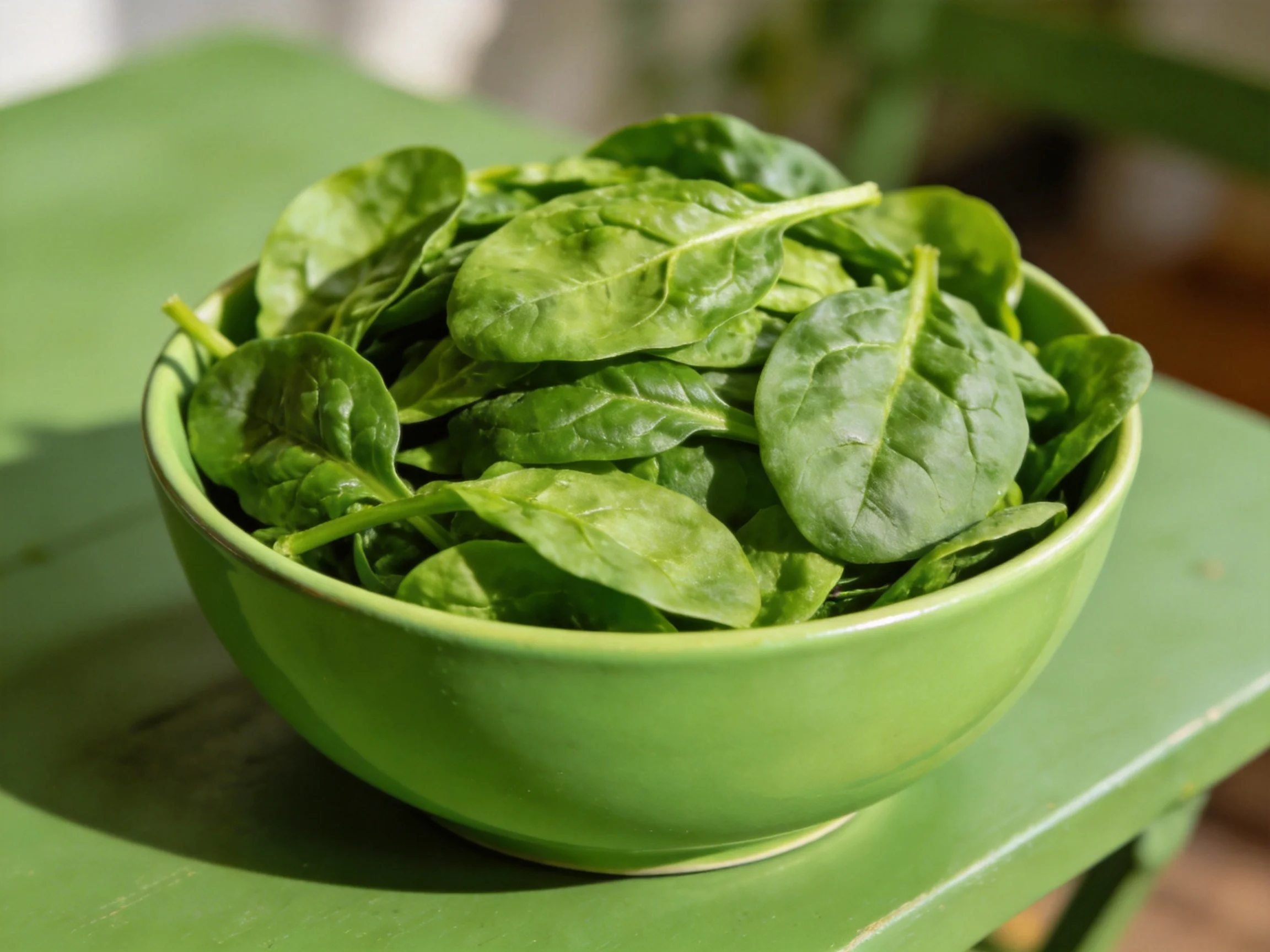Fresh spinach leaves in a glossy green bowl on a green table