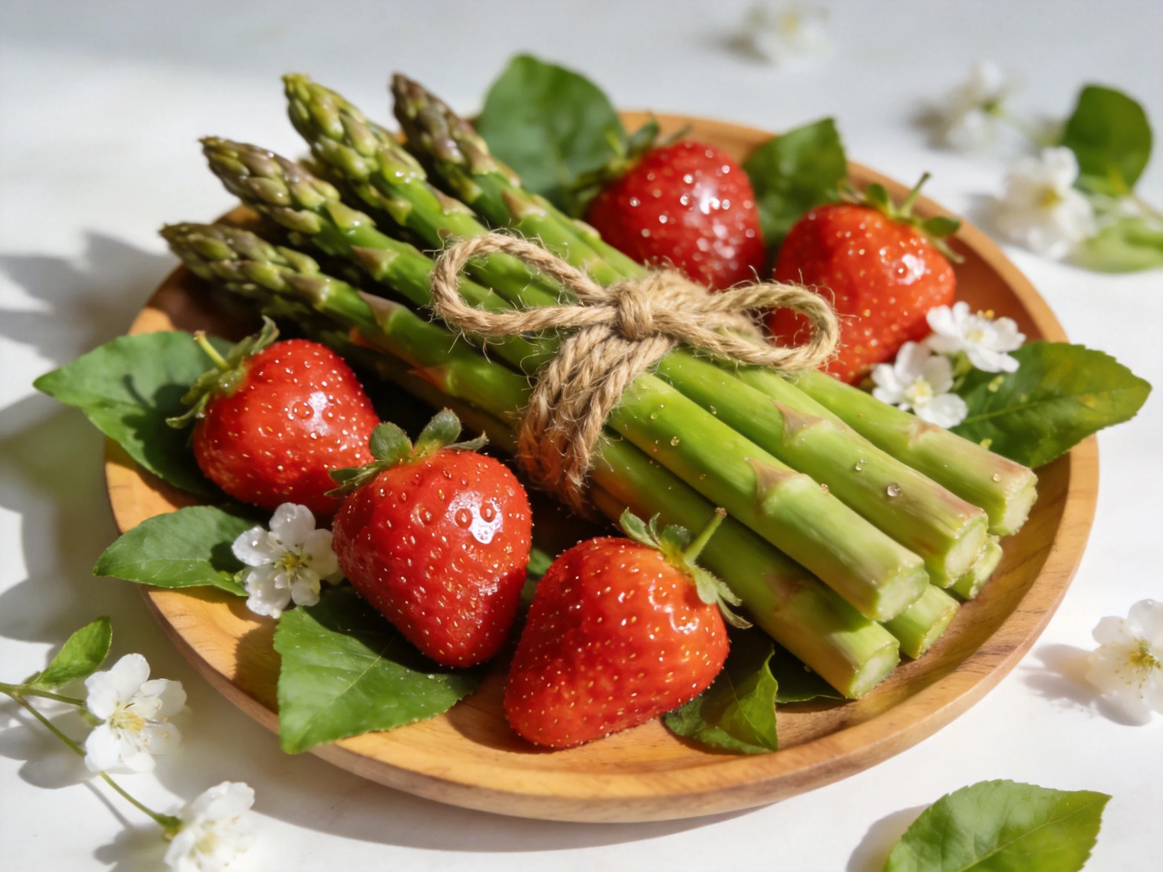 Fresh strawberries, tied asparagus, and white flowers on a wooden plate