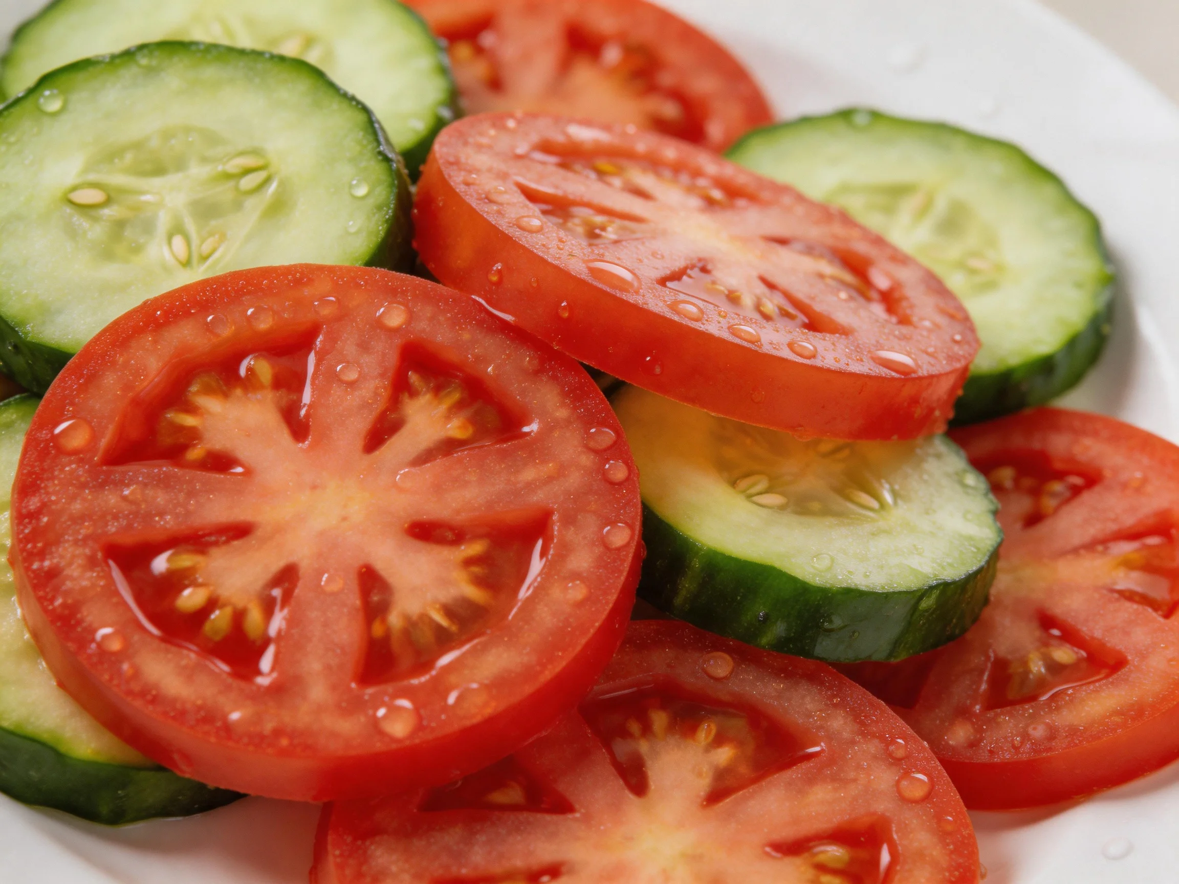 Fresh tomato and cucumber slices arranged on a white plate
