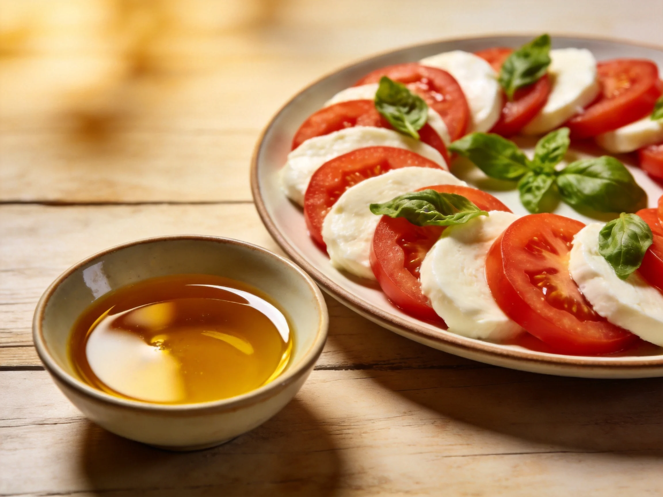 Fresh tomato, mozzarella, and basil salad with olive oil on wooden surface