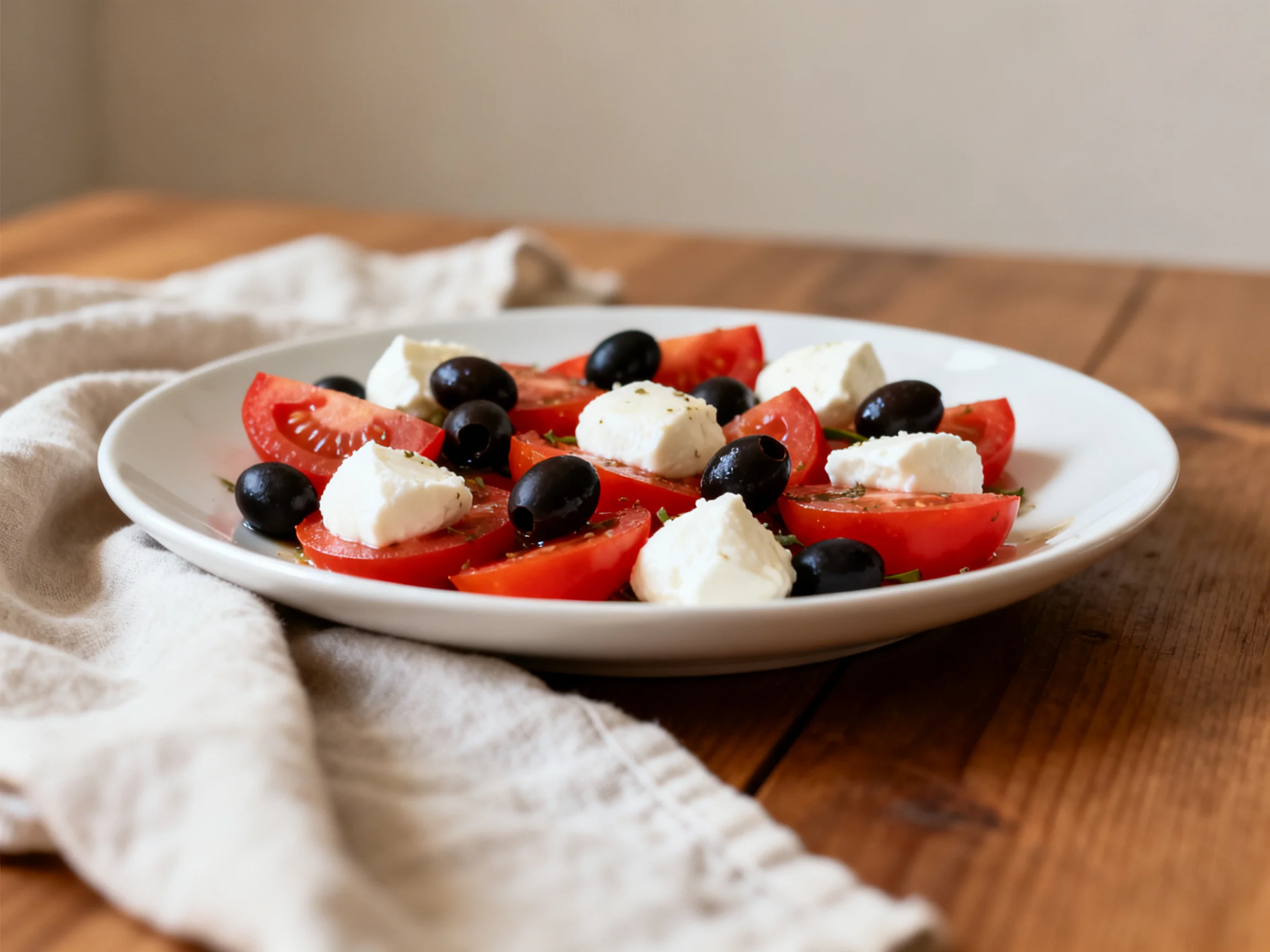 Fresh tomato mozzarella olive salad displayed on a white plate