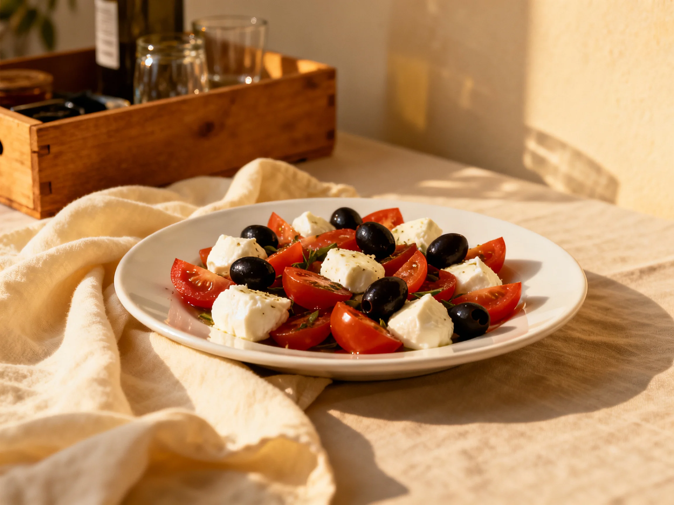 Fresh tomato, olive, and feta salad served on a white plate