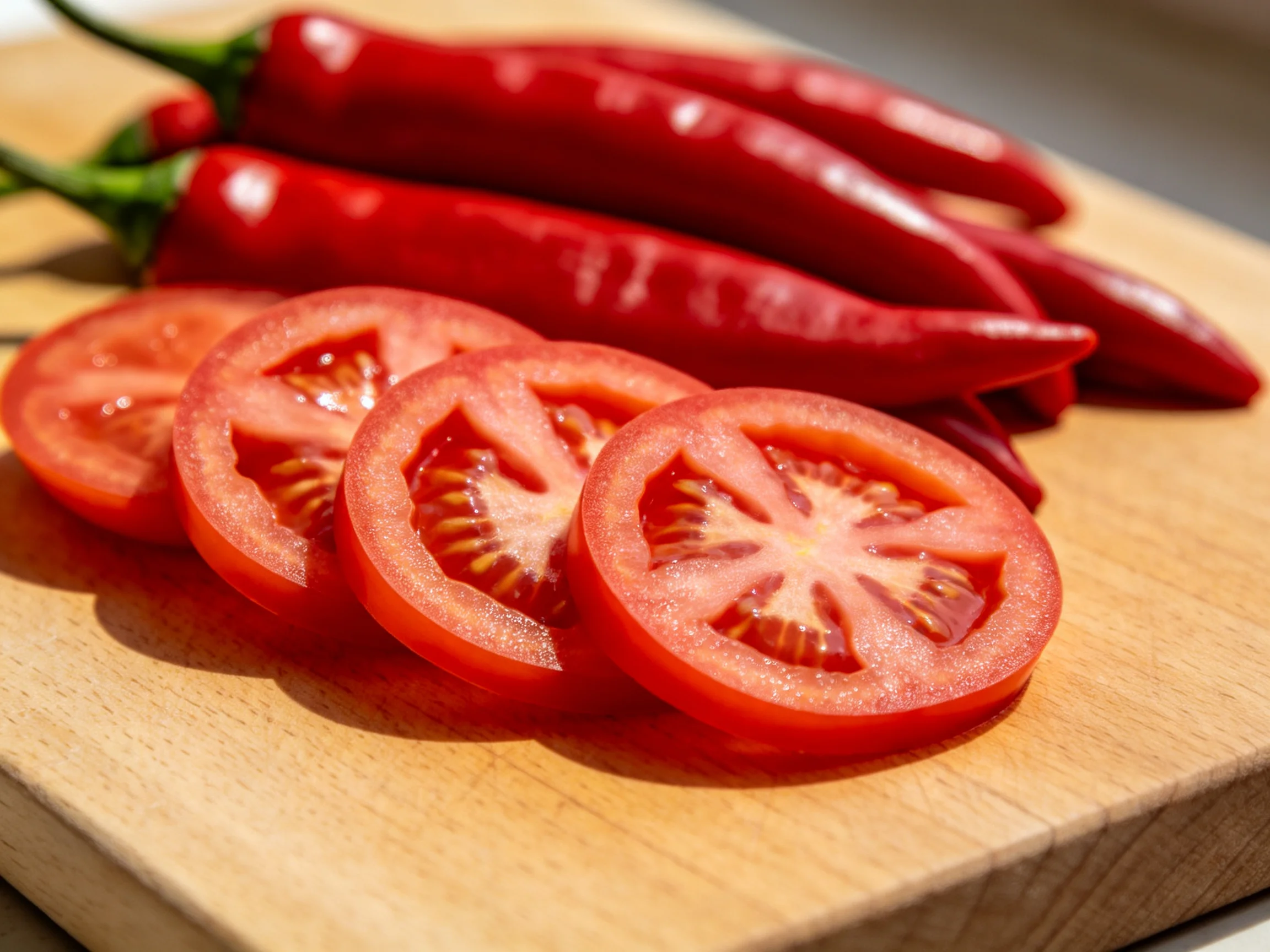 Fresh tomato slices and vibrant red chili peppers on a wooden cutting board