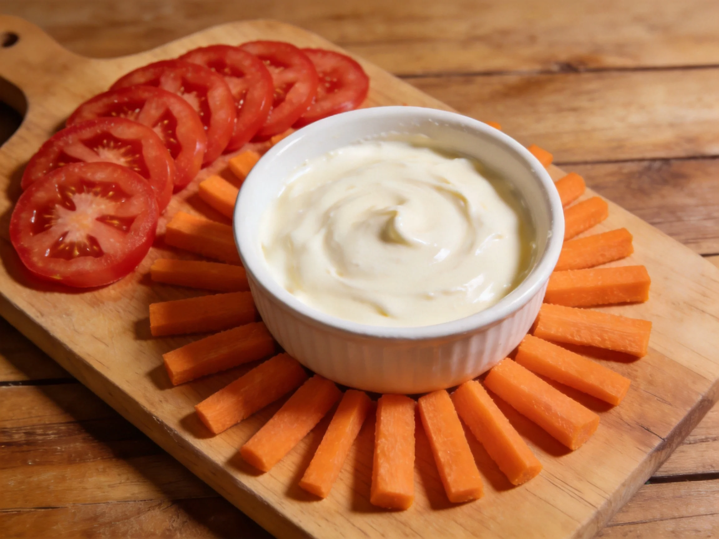 Fresh tomato slices, carrot sticks, and creamy dip on a wooden cutting board
