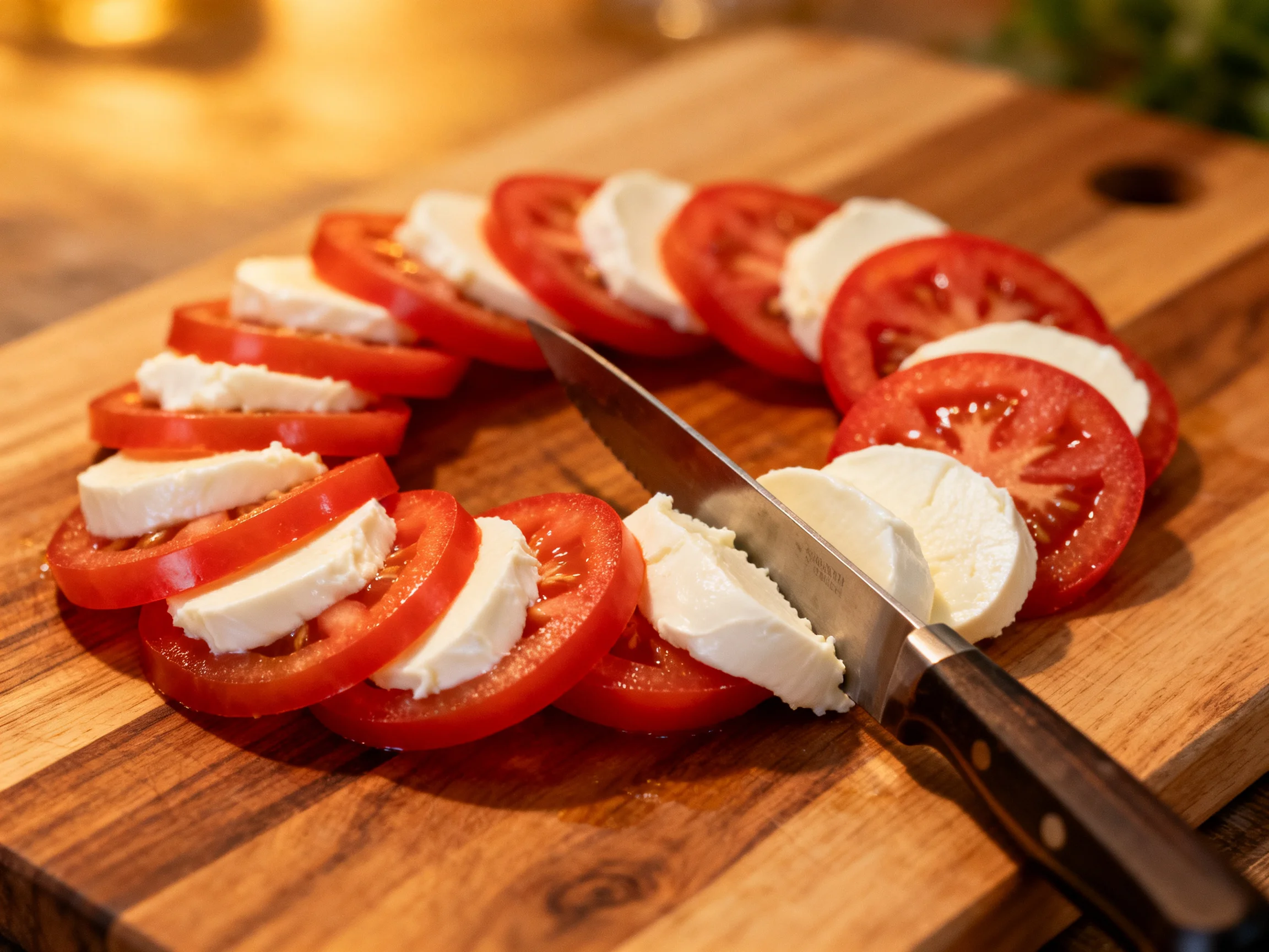 Fresh tomato slices layered with mozzarella cheese on a wooden cutting board