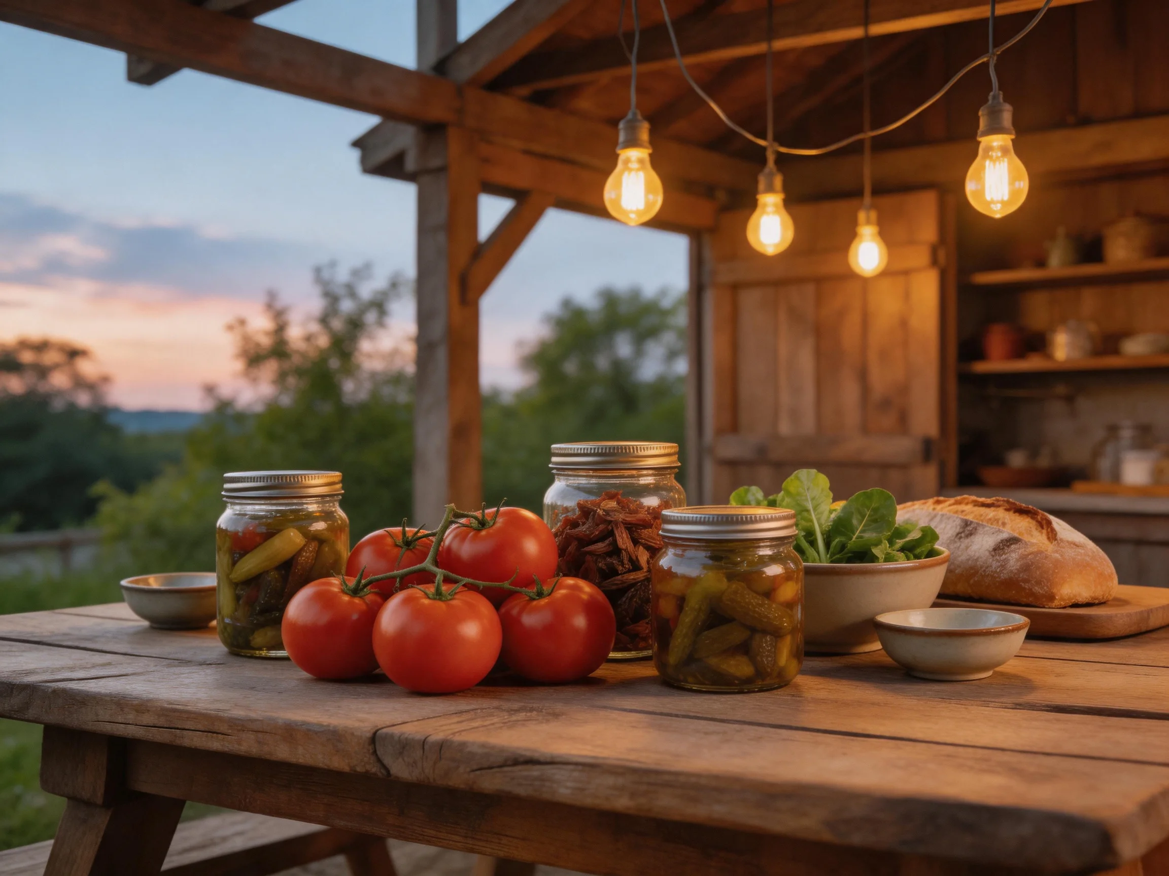 Fresh tomatoes, pickles, and bread on a rustic wooden table under hanging bulbs