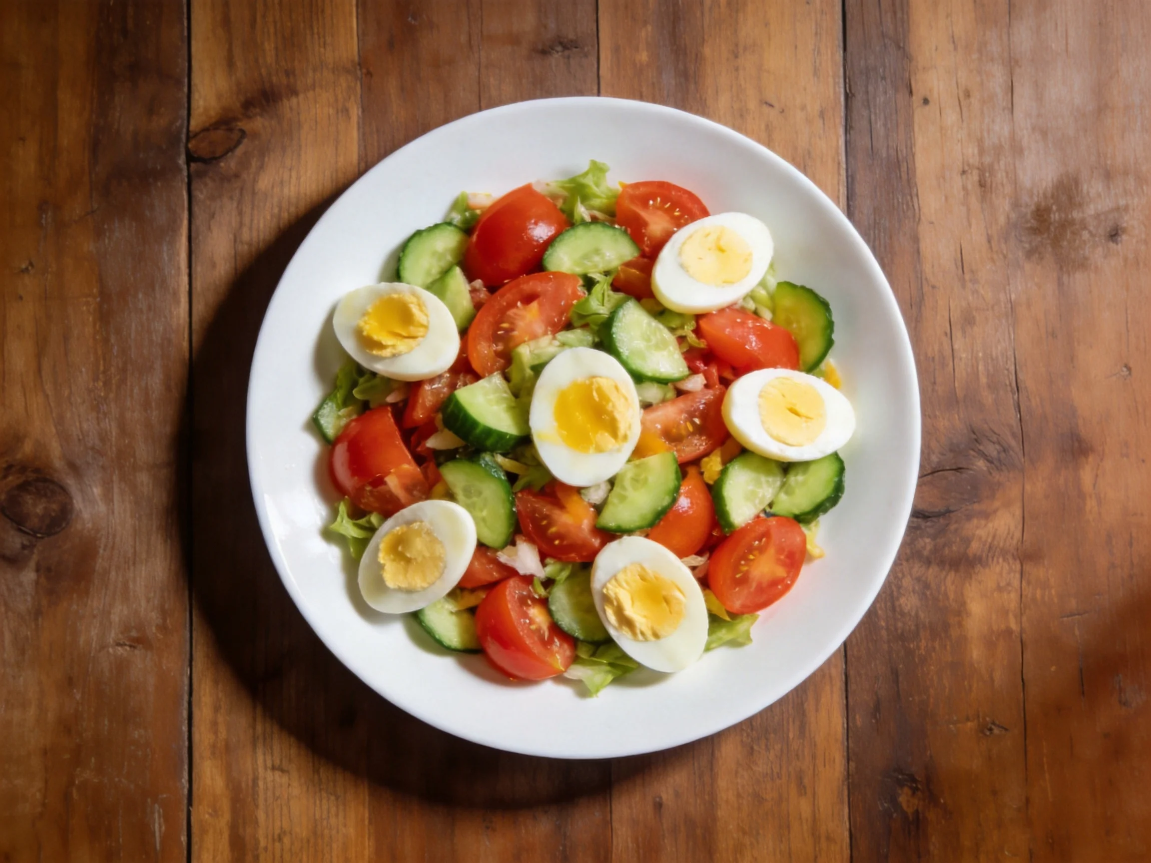 Fresh vegetable and hard-boiled egg salad in a white bowl on rustic wood