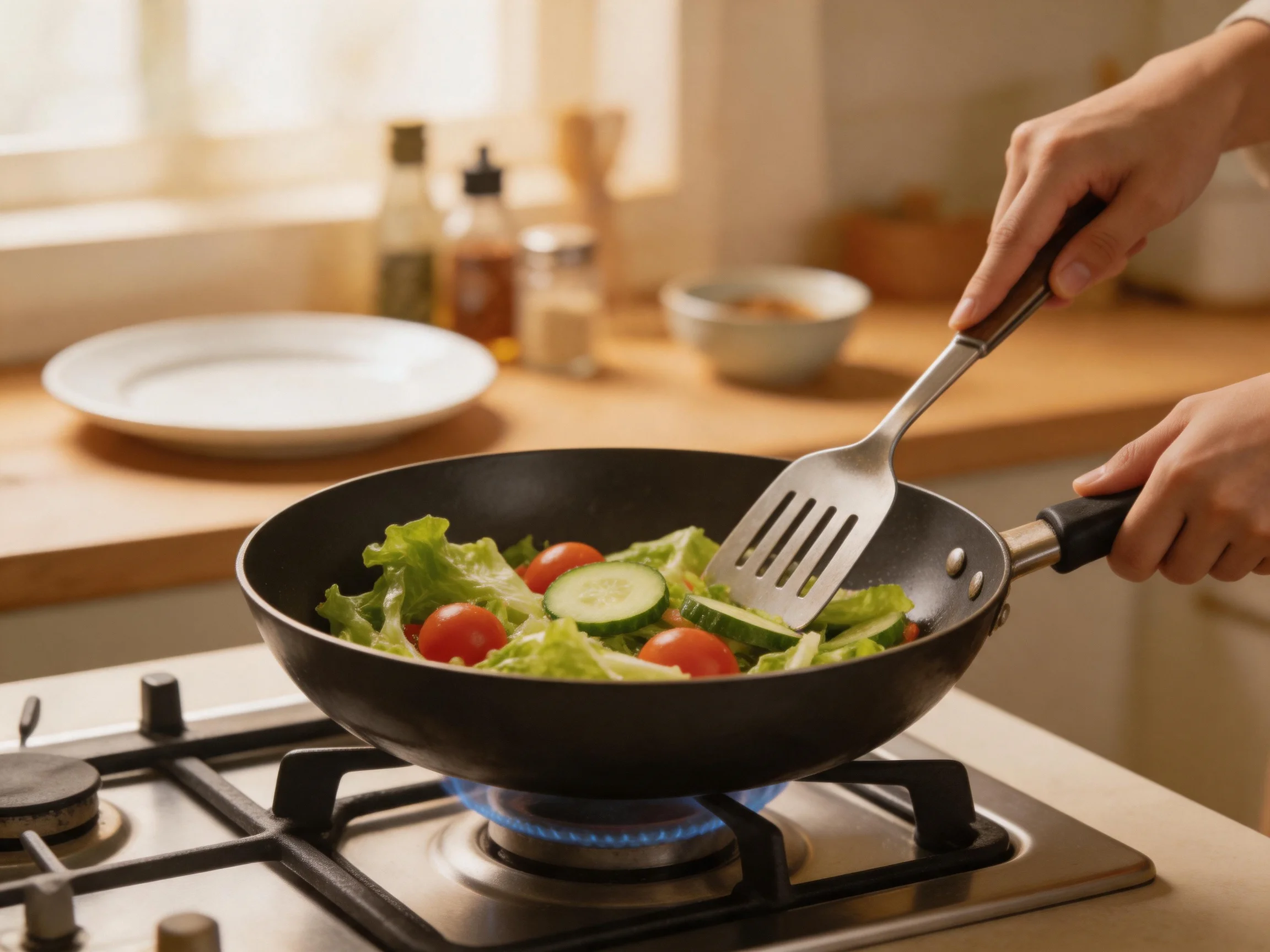 Fresh vegetable and leafy green salad cooking in a black frying pan on a gas stove