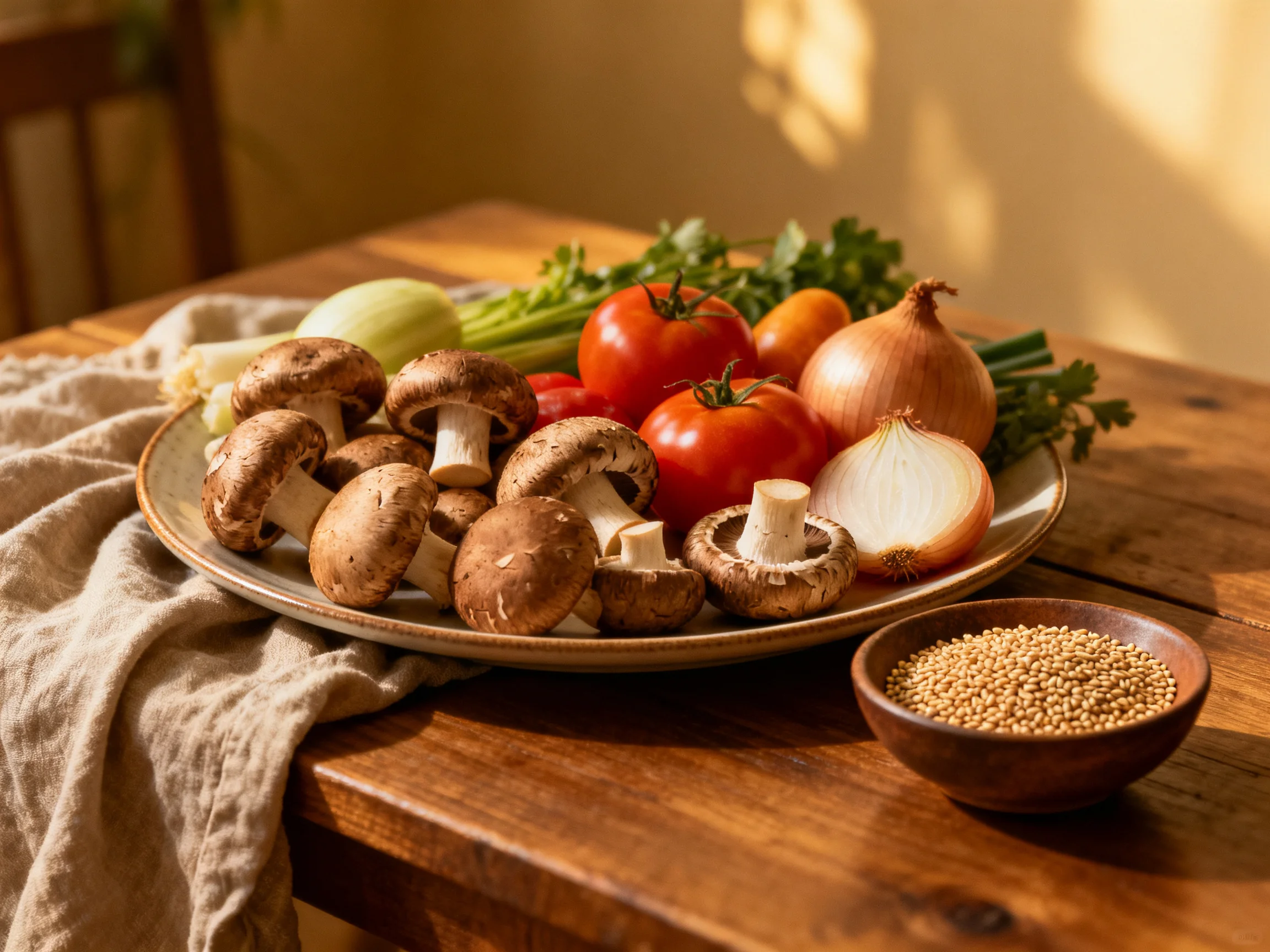 Fresh vegetable assortment featuring mushrooms, tomatoes, onions on wooden table