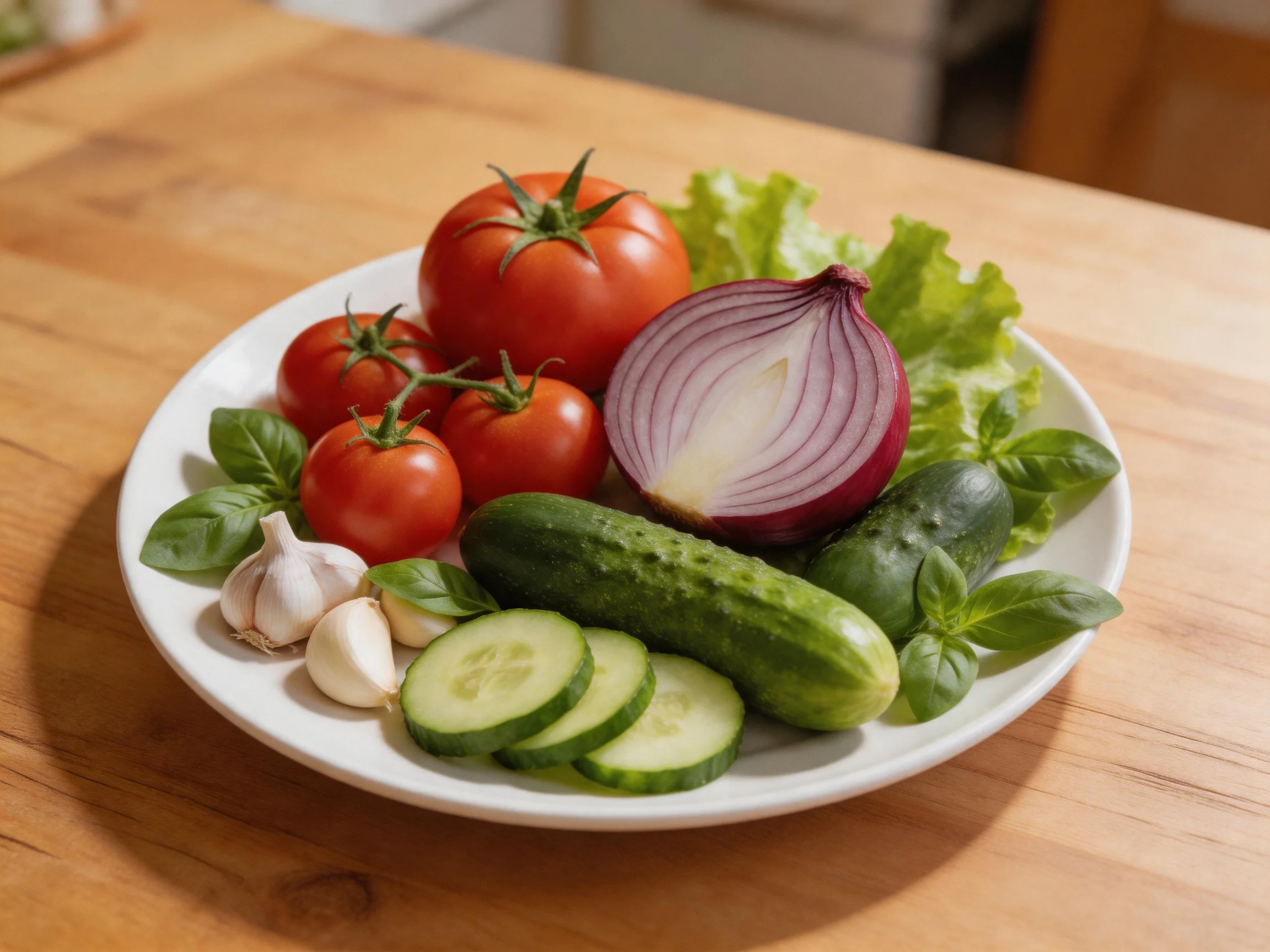 Fresh vegetable assortment with tomatoes, red onion, cucumbers, garlic, and basil