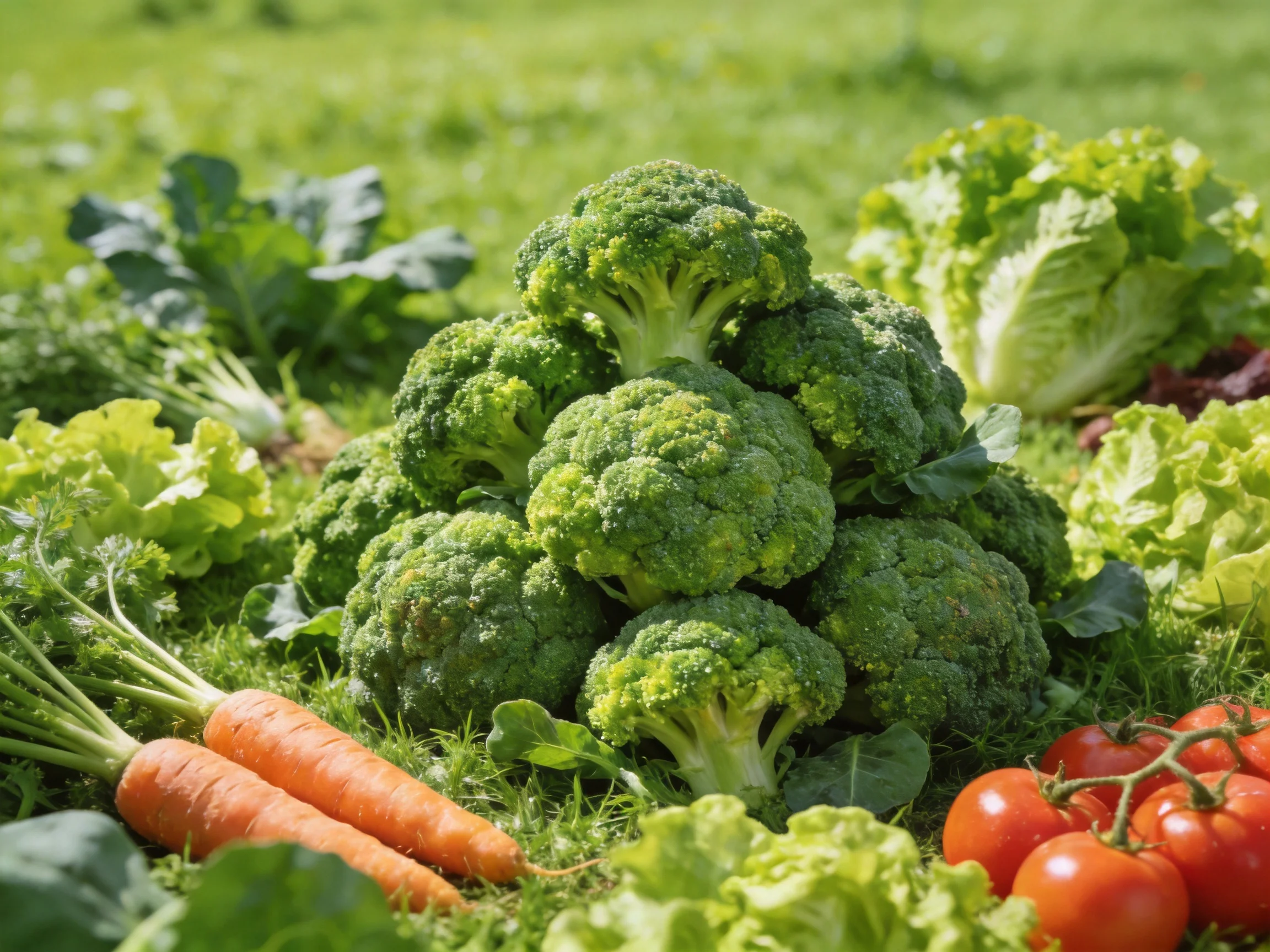 Fresh vegetable display with broccoli, carrots, tomatoes, and leafy greens