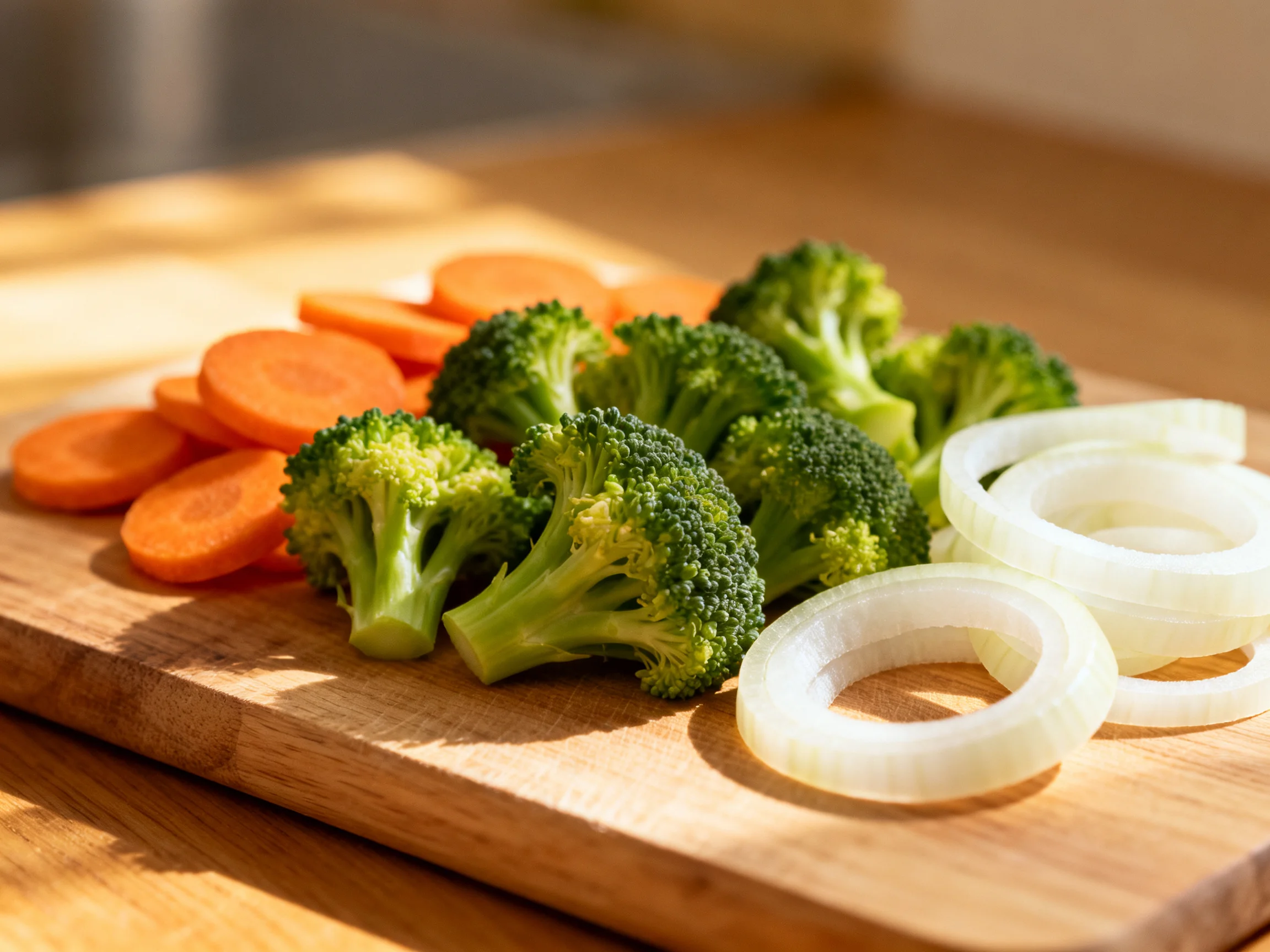 Fresh vegetable medley with carrot slices, broccoli, and onion rings on a wooden board