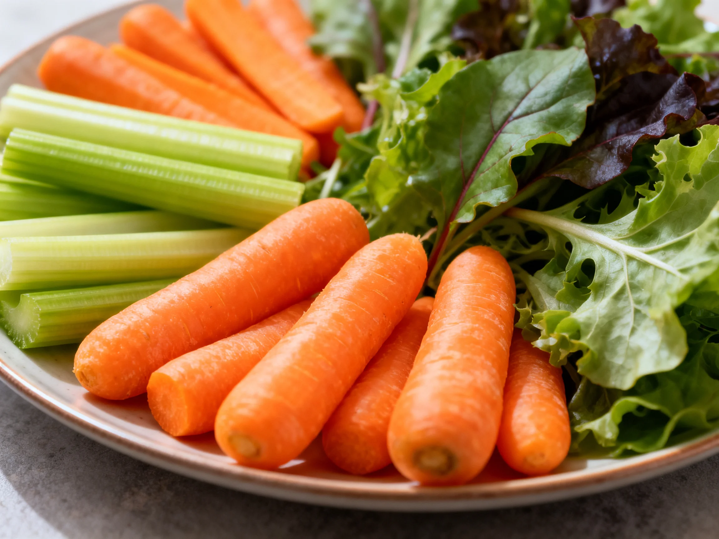 Fresh vegetable platter with baby carrots, celery, and mixed leafy greens