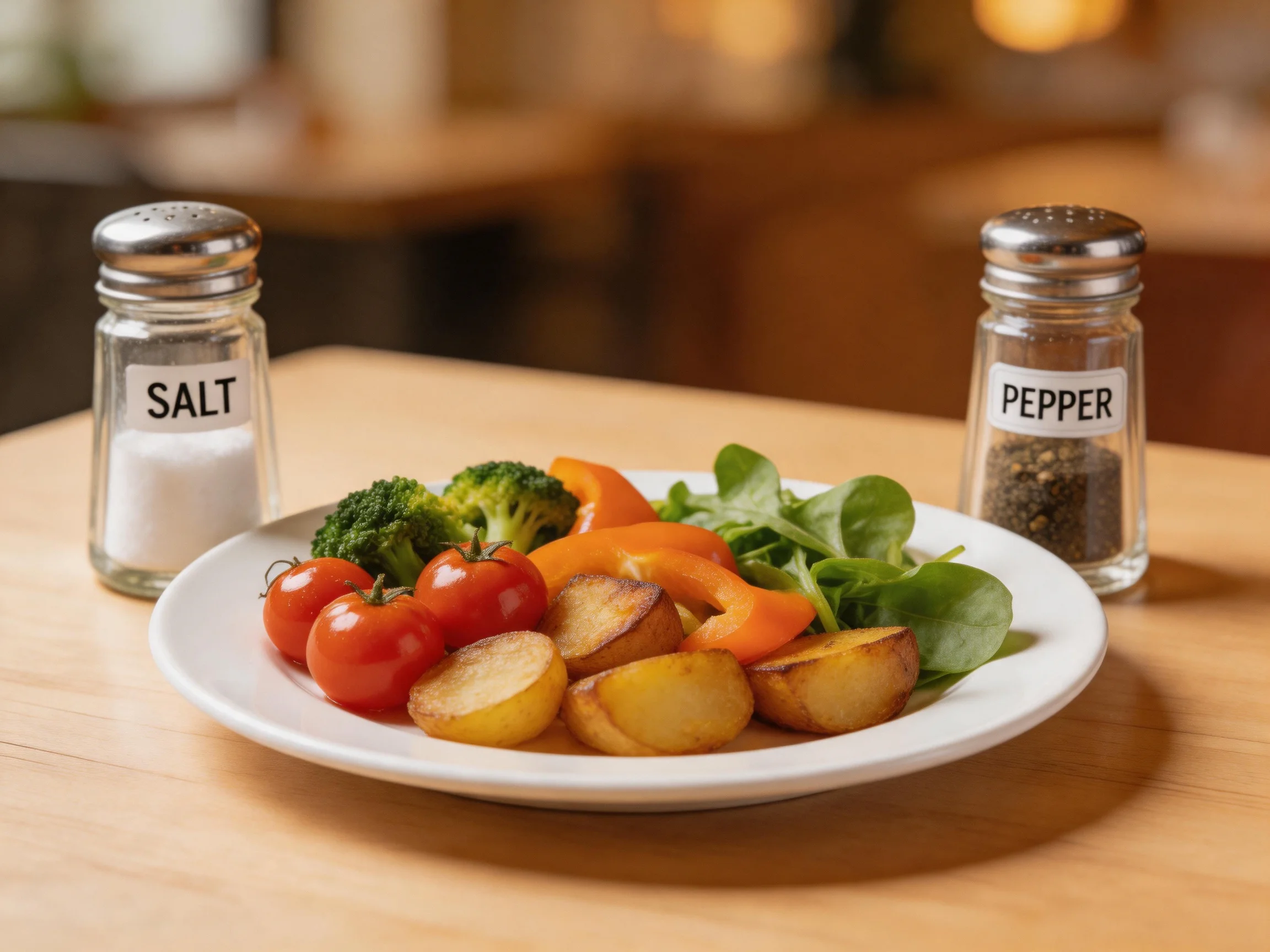 Fresh vegetable platter with salt and pepper shakers on a wooden table