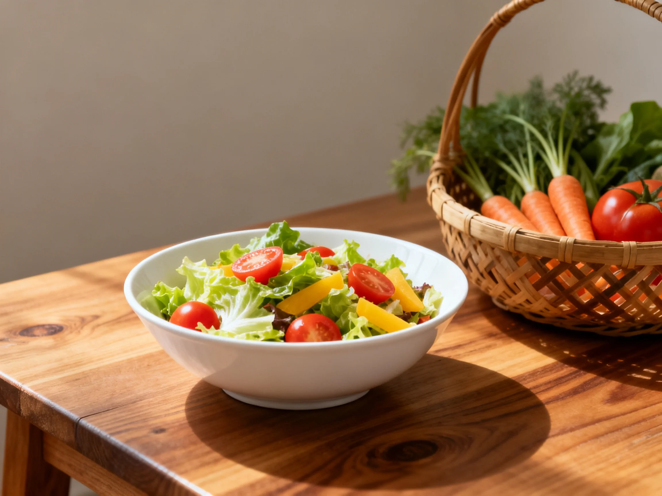 Fresh vegetable salad in white bowl beside wicker basket of carrots and greens