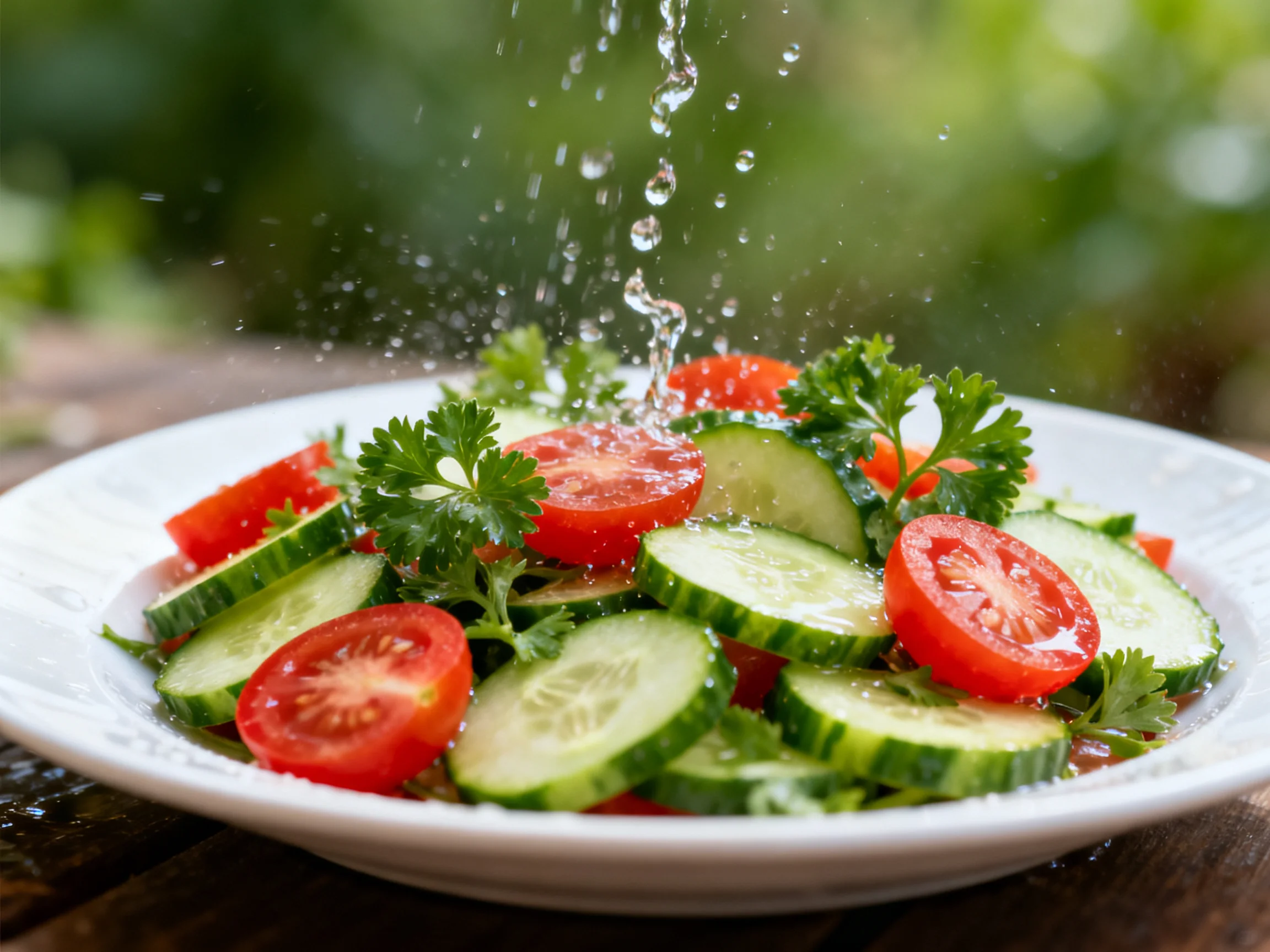 Fresh vegetable salad with cherry tomatoes, cucumber slices, and parsley being watered