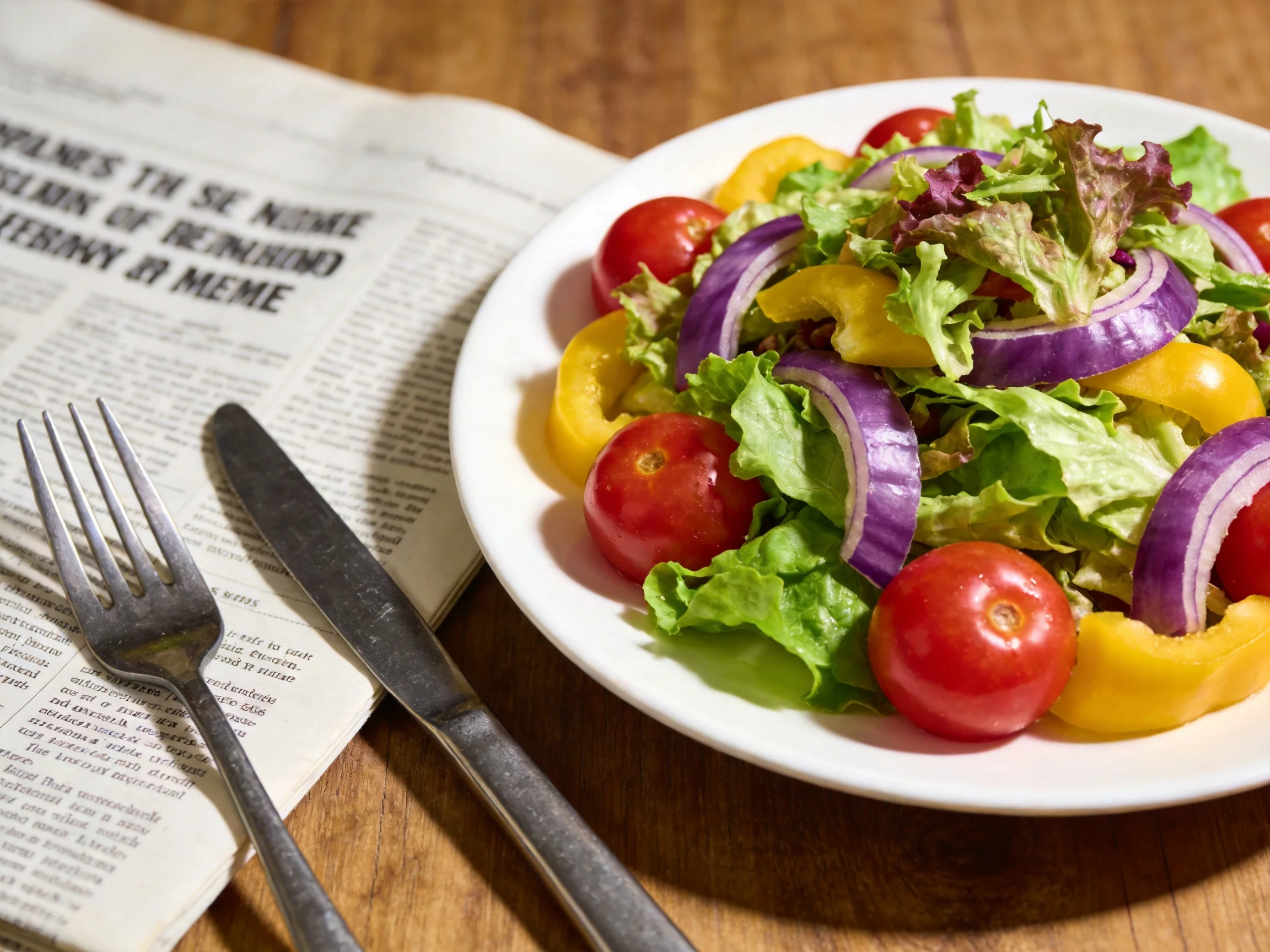 Fresh vegetable salad with cherry tomatoes, yellow peppers, purple onions beside an open newspaper
