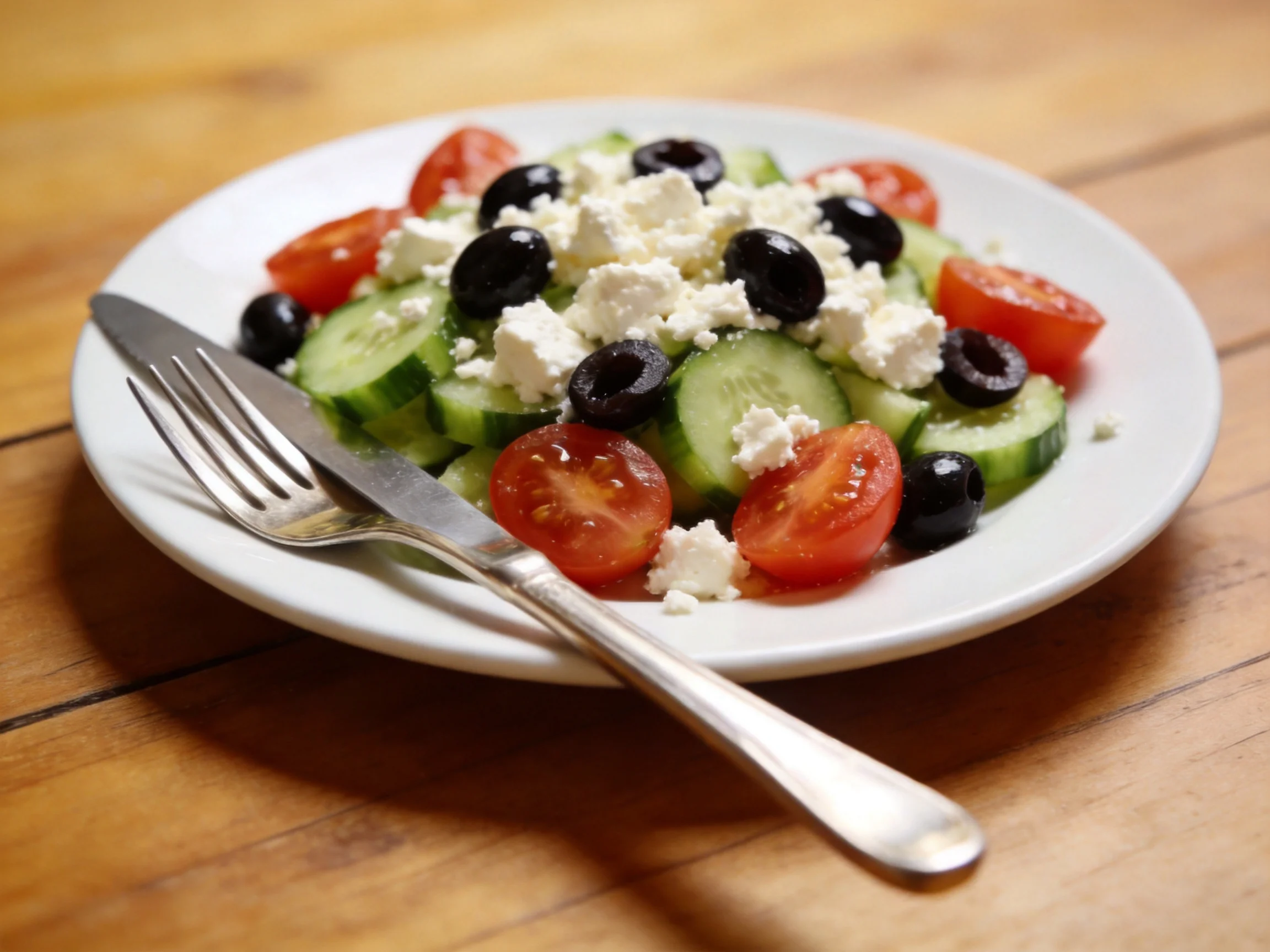 Fresh vegetable salad with cucumber, tomato, black olive, and feta cheese served on white plate
