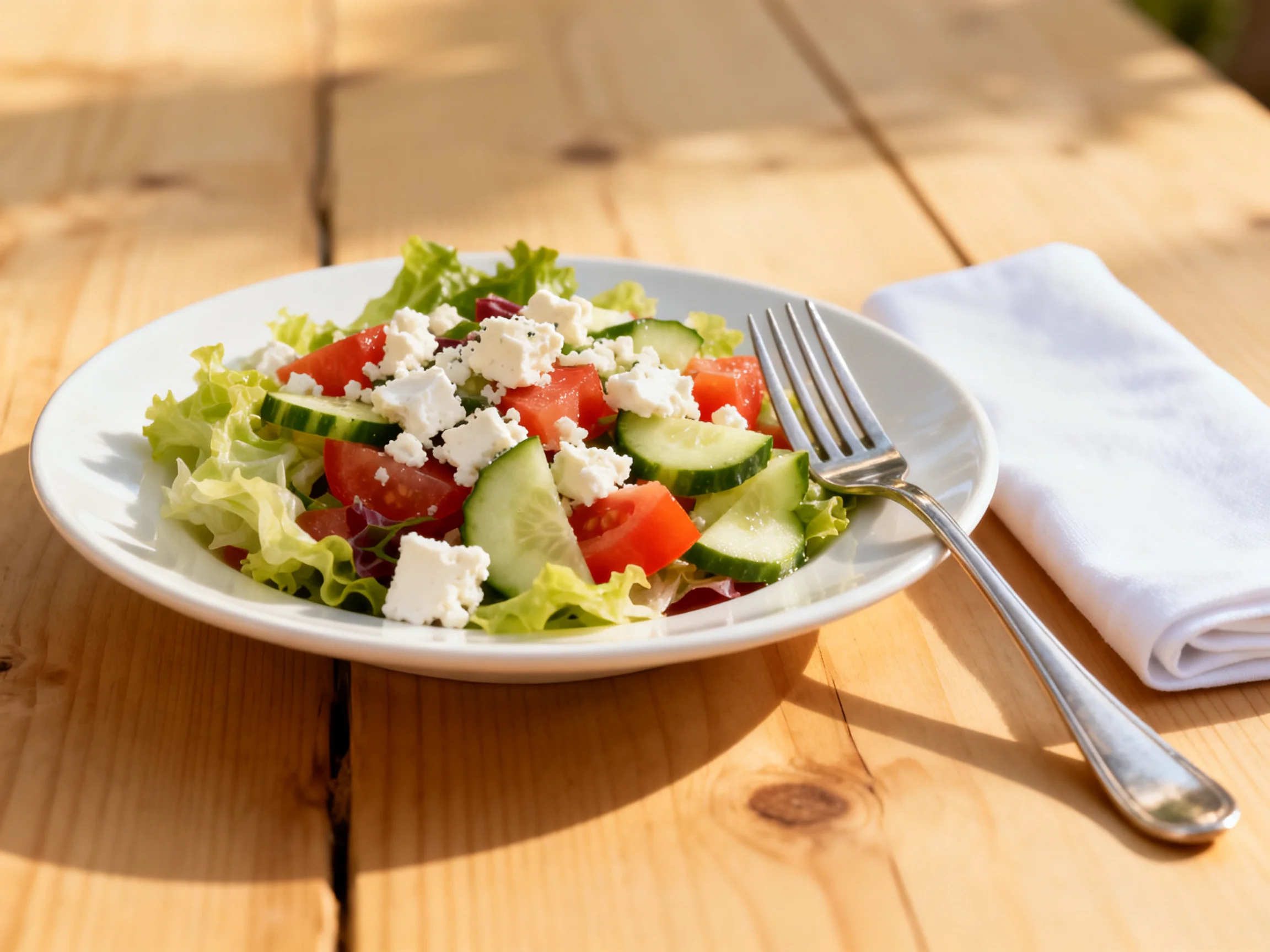 Fresh vegetable salad with tomatoes, cucumbers, and feta on a white plate