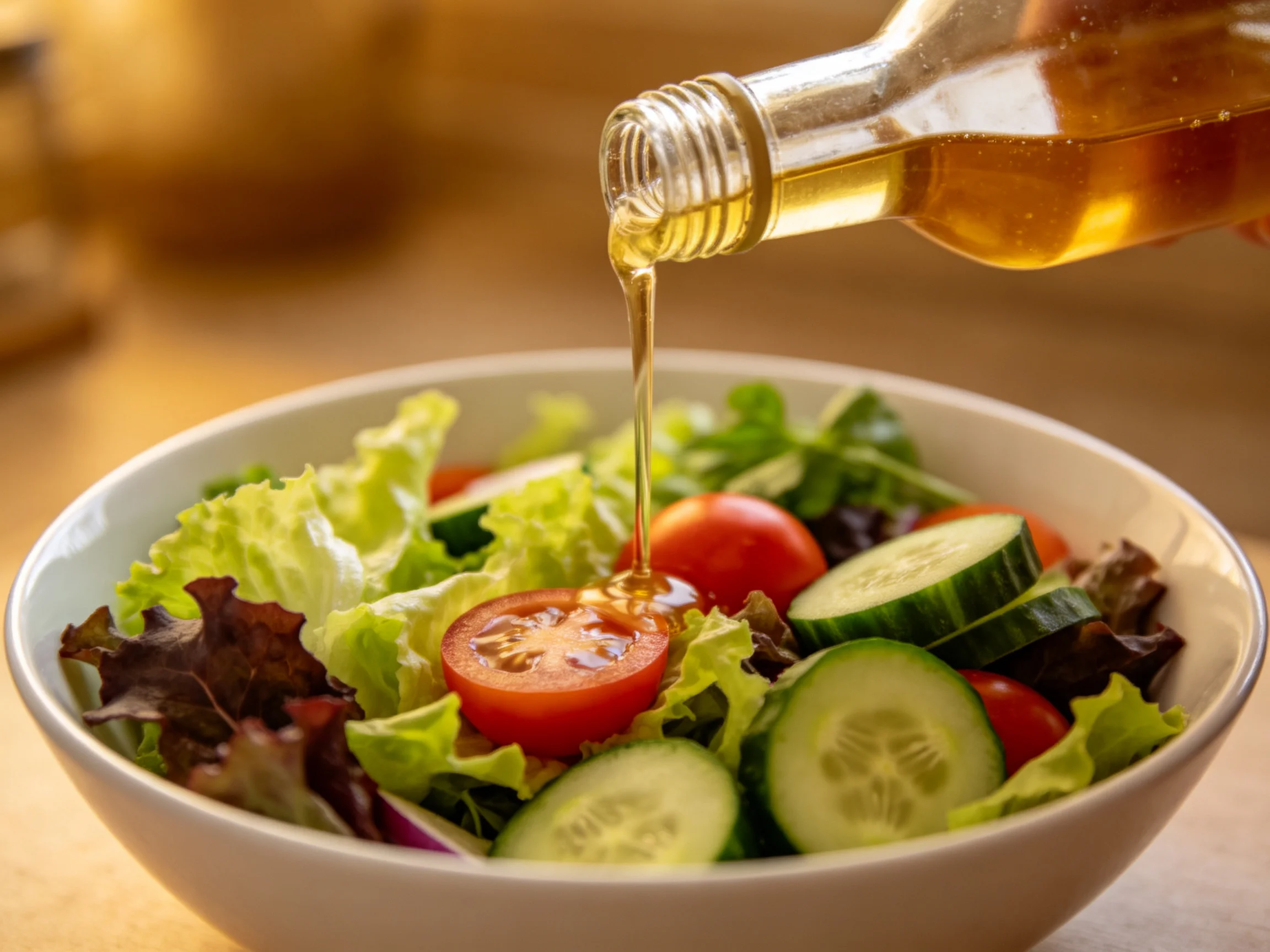 Fresh vegetable salad with tomatoes, cucumbers, and olive oil dressing being poured