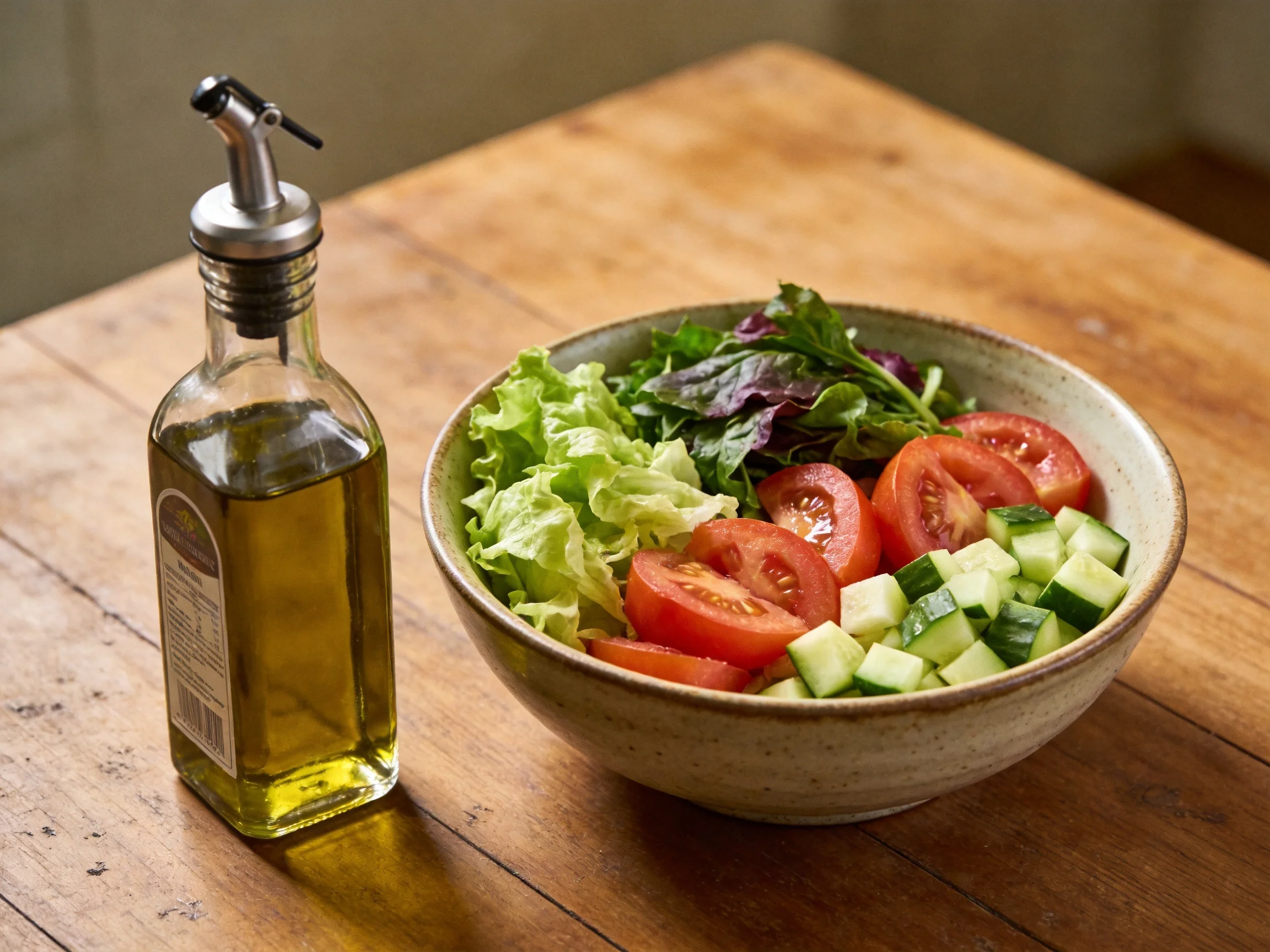 Fresh vegetable salad with tomatoes, cucumbers, and olive oil on wooden table