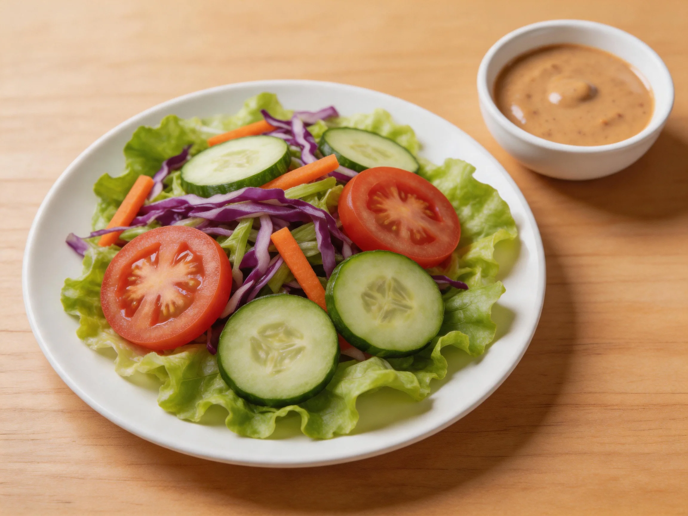 Fresh vegetable salad with tomatoes, cucumbers, carrots, and purple cabbage