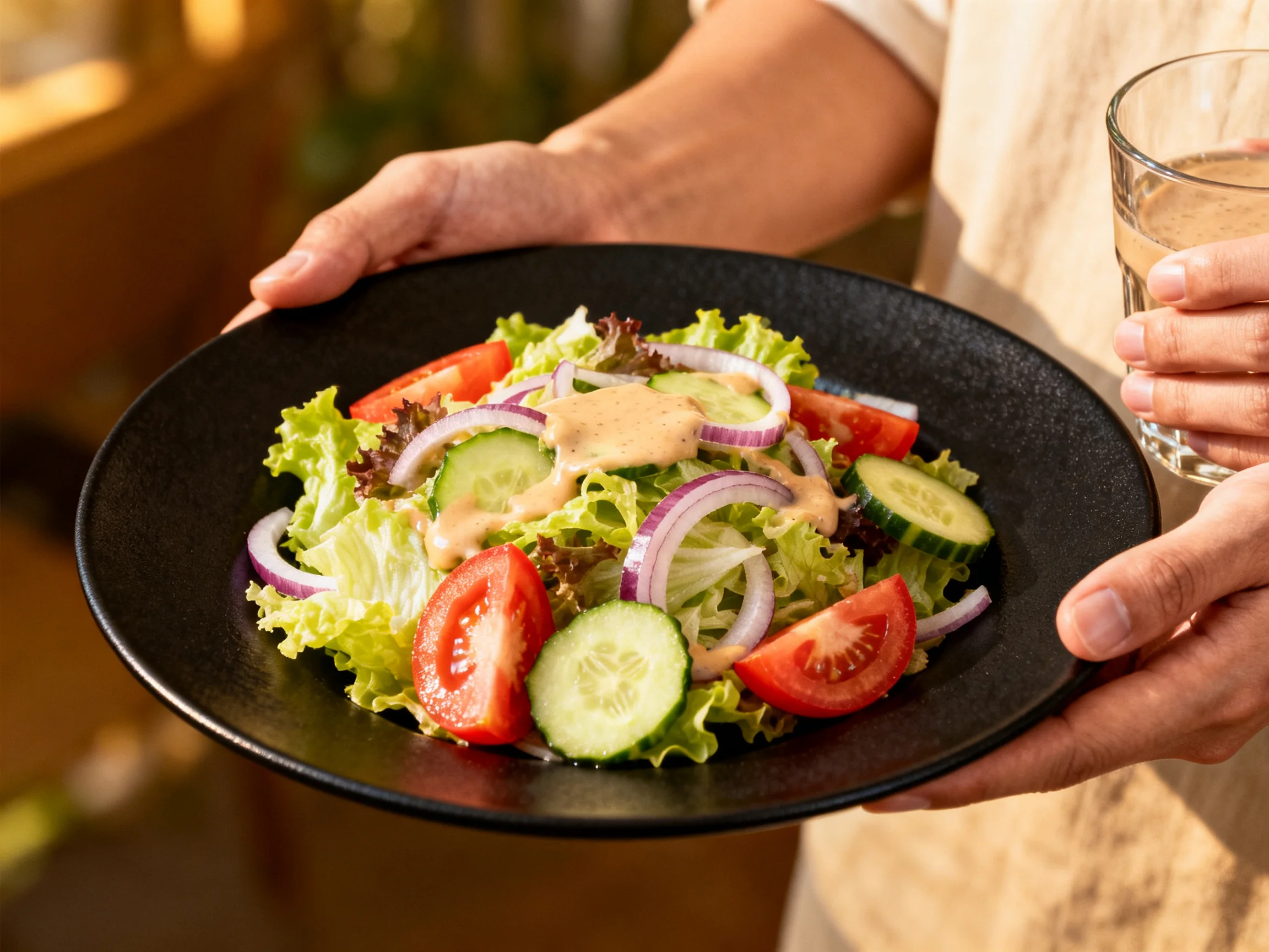 Fresh vegetable salad with tomatoes, cucumbers, onions on black plate