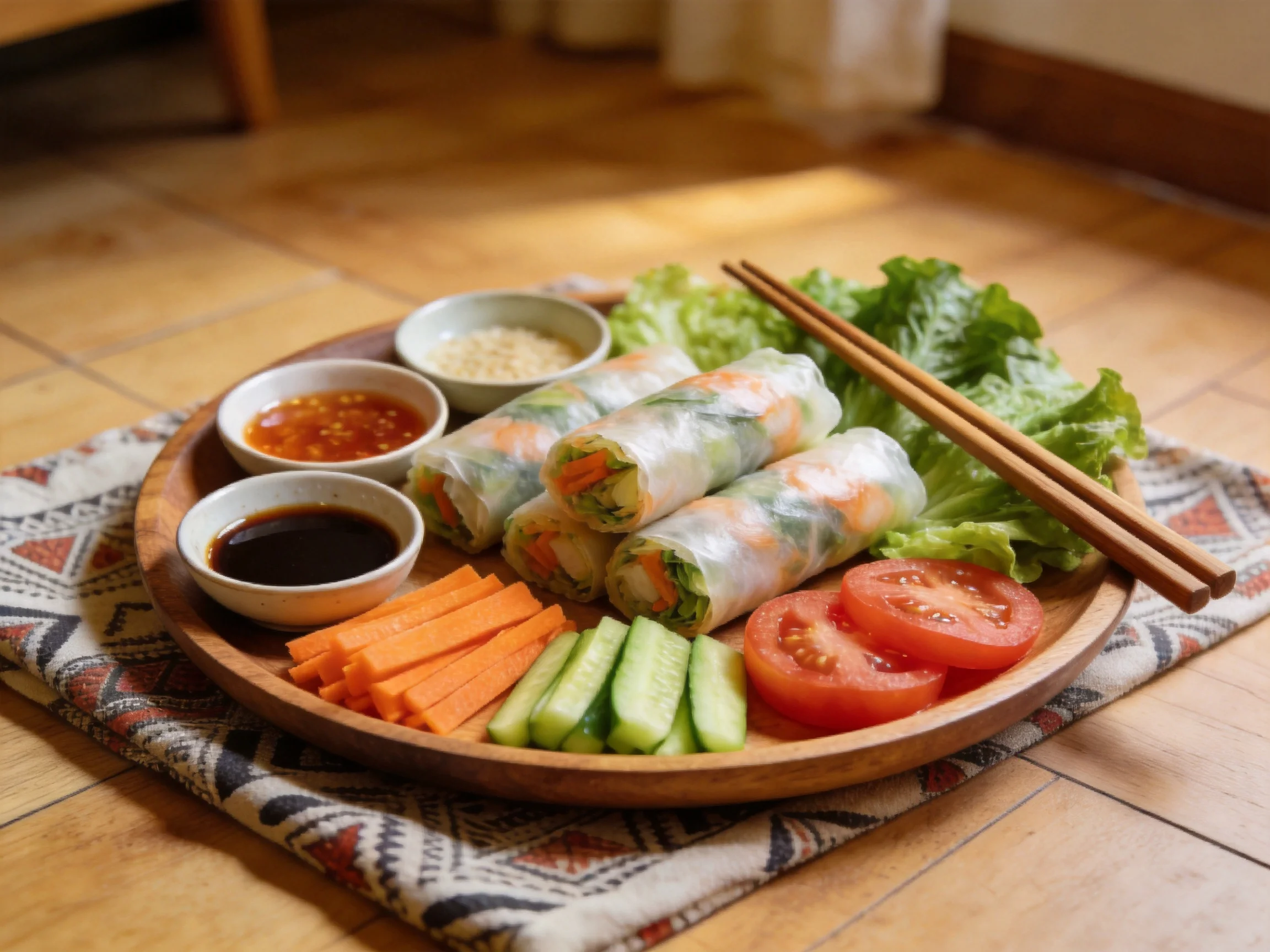 Fresh vegetable spring rolls served with three dipping sauces on wooden platter