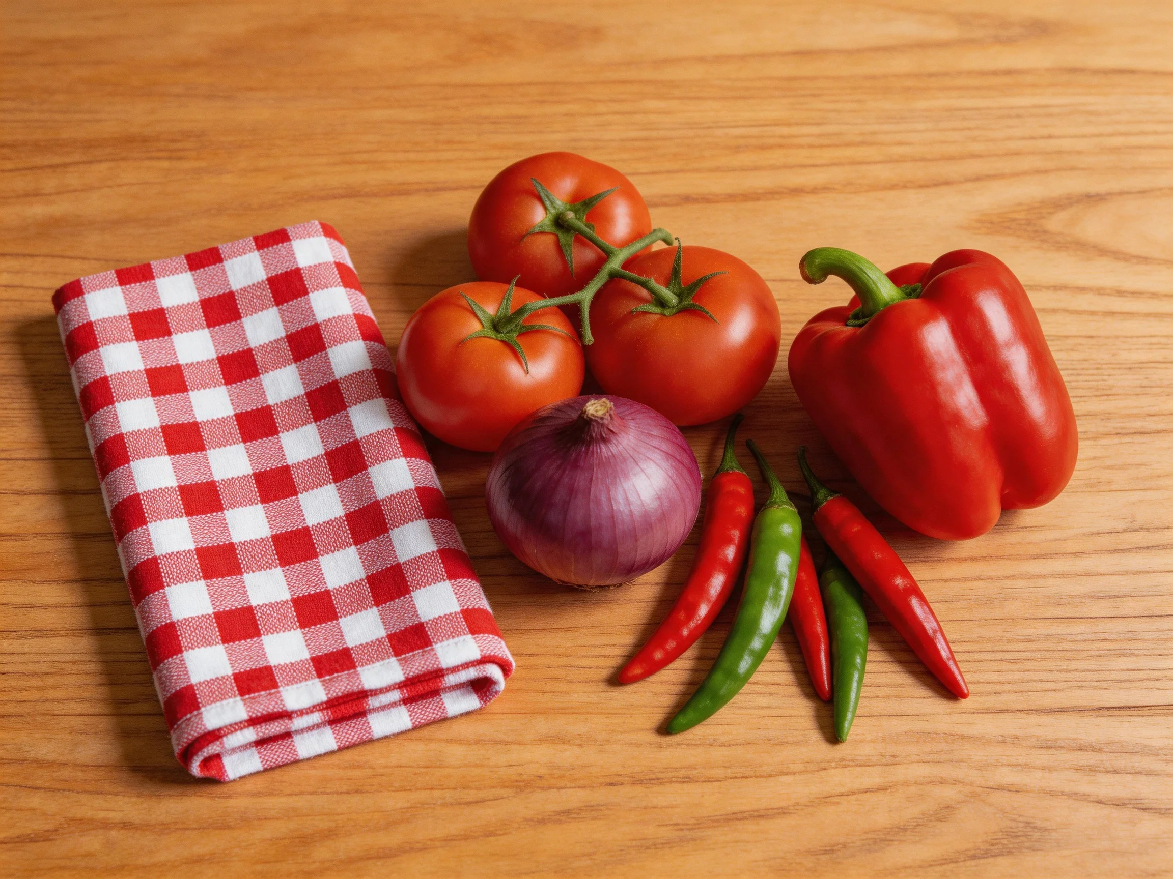 Fresh vegetables and a checkered cloth displayed on a wooden surface
