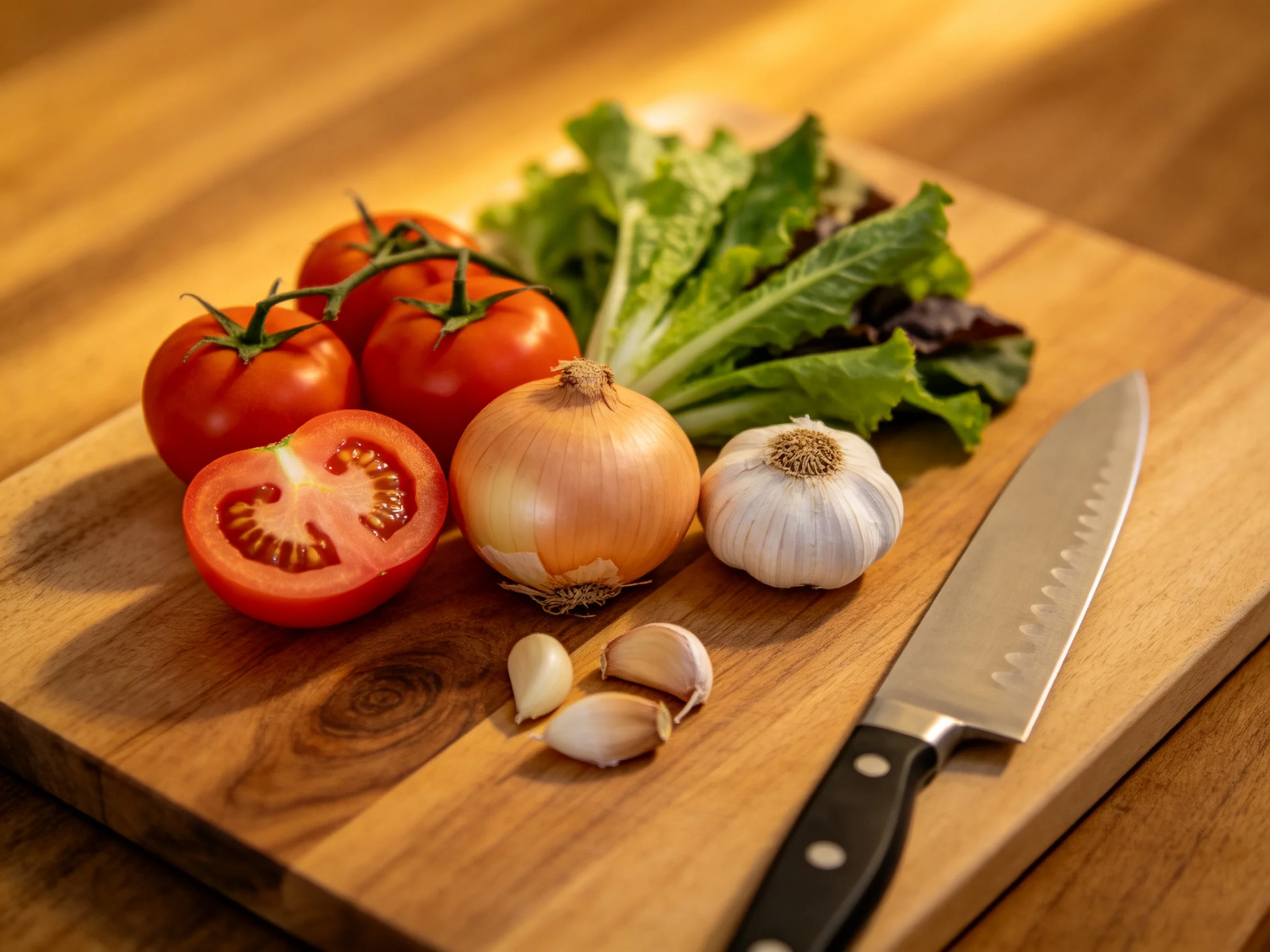 Fresh vegetables and a chef’s knife on a wooden cutting board
