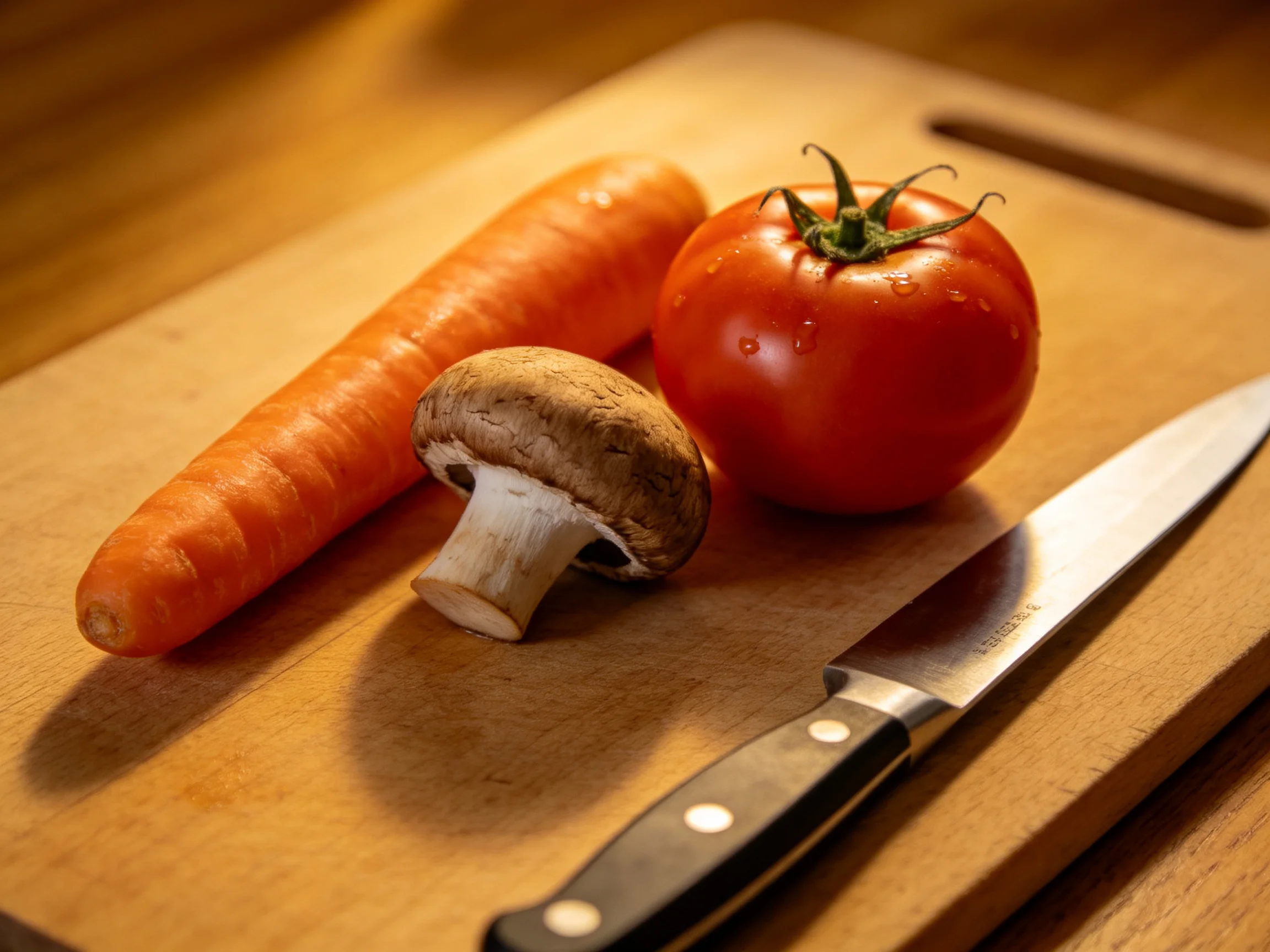 Fresh vegetables and a kitchen knife on a wooden cutting board