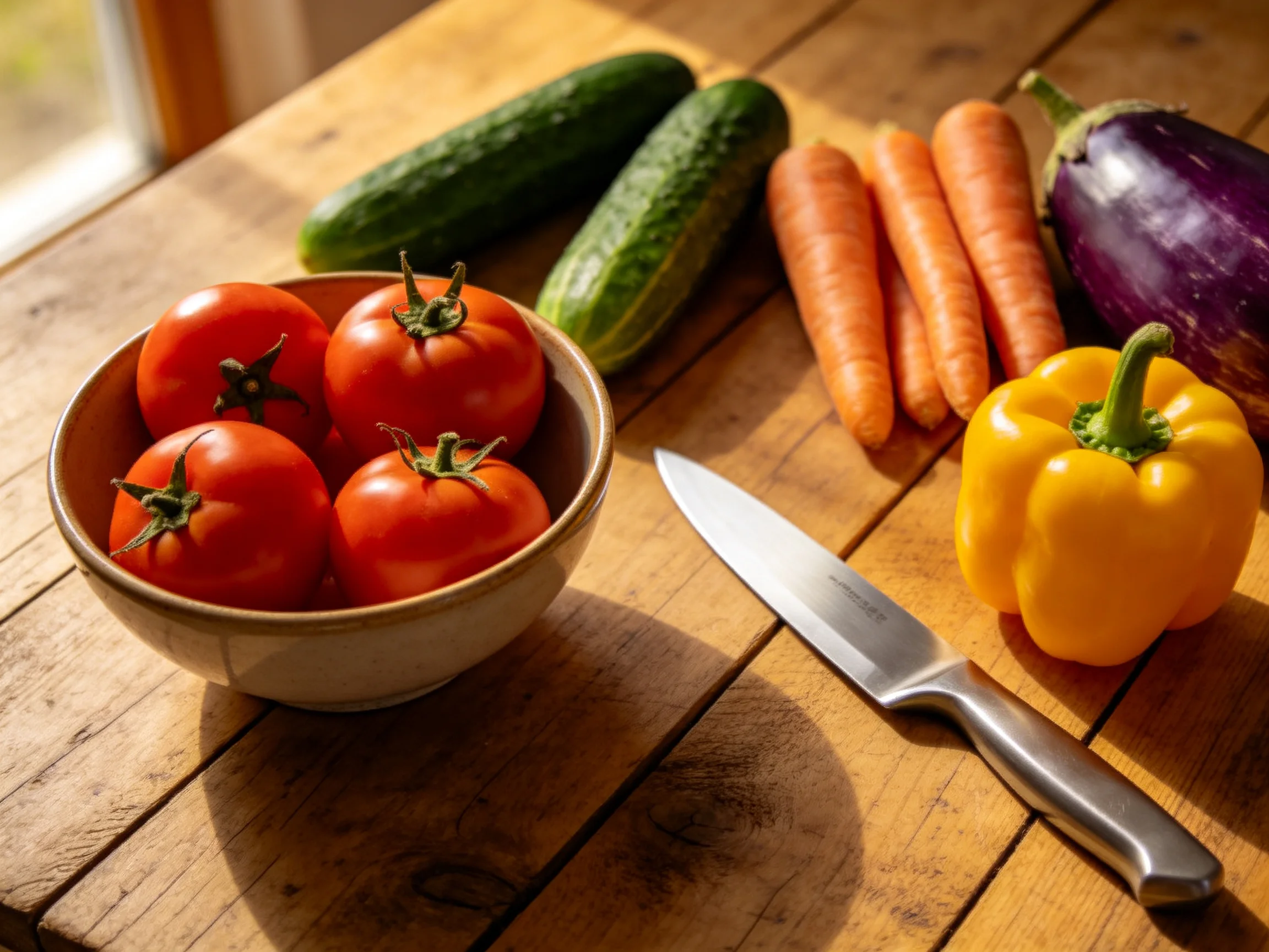 Fresh vegetables and a knife arranged on a rustic wooden table