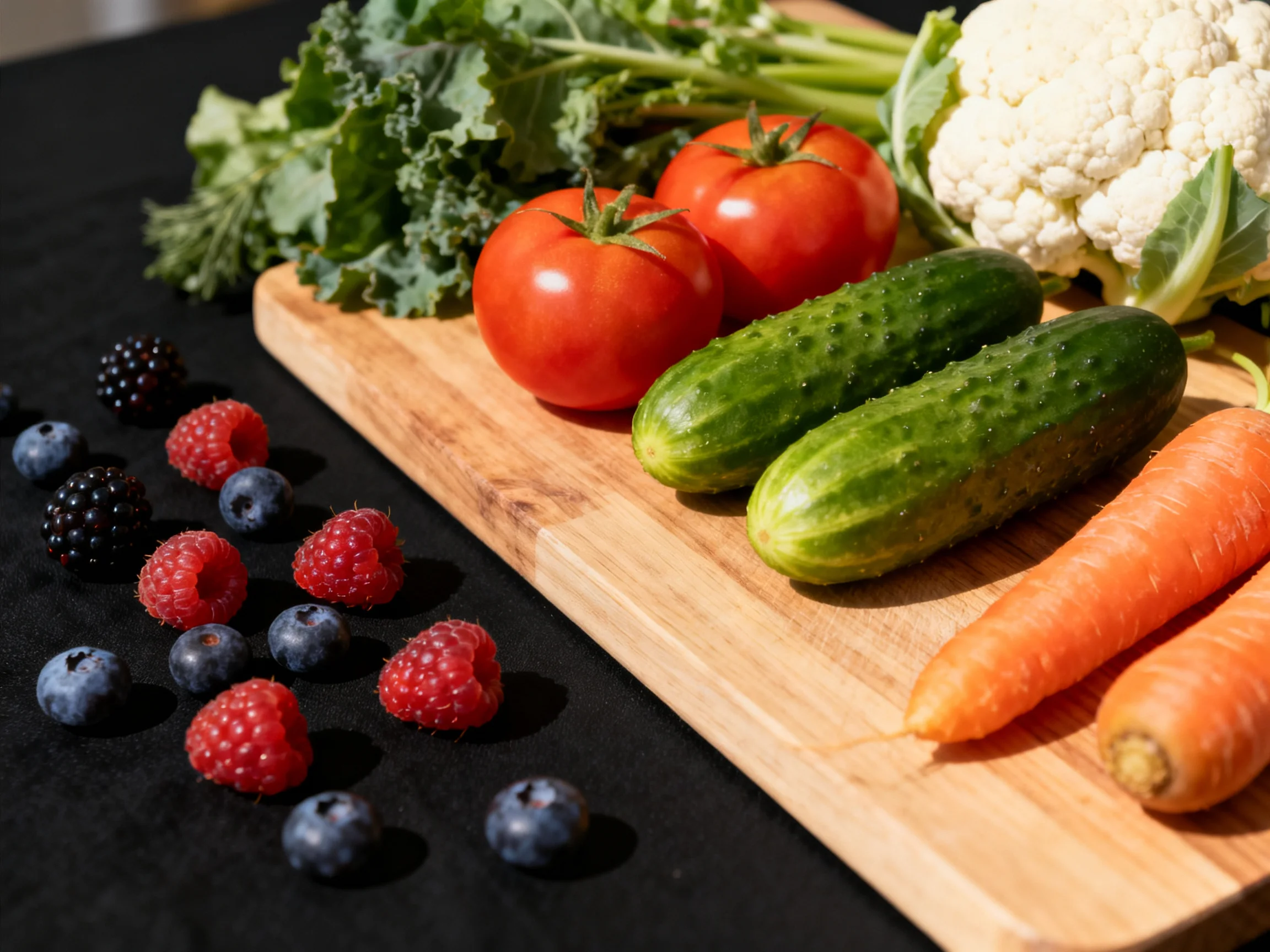 Fresh vegetables and assorted berries arranged on a wooden cutting board