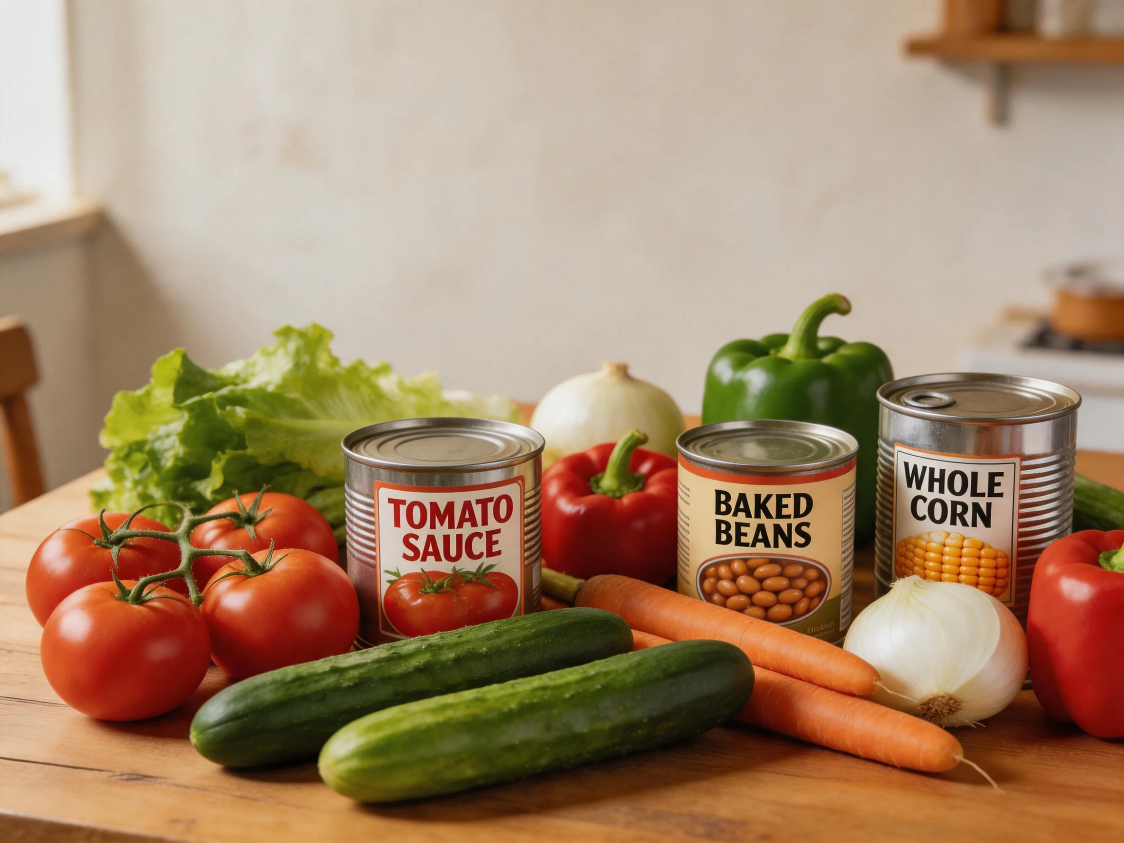 Fresh vegetables and canned goods displayed on a wooden table