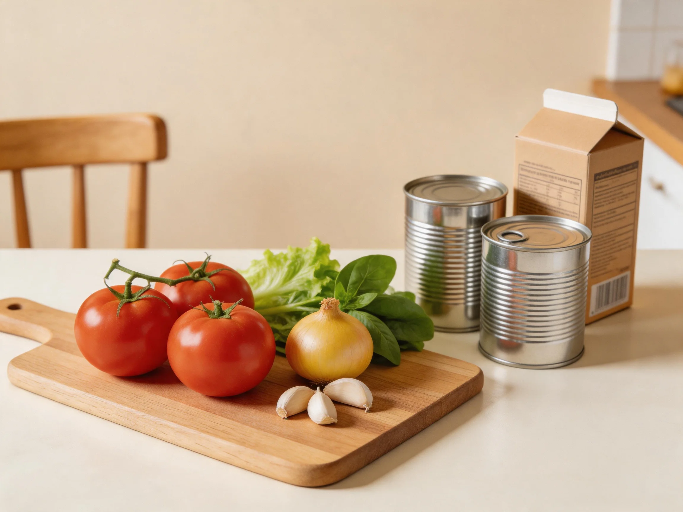 Fresh vegetables and canned goods on a wooden cutting board