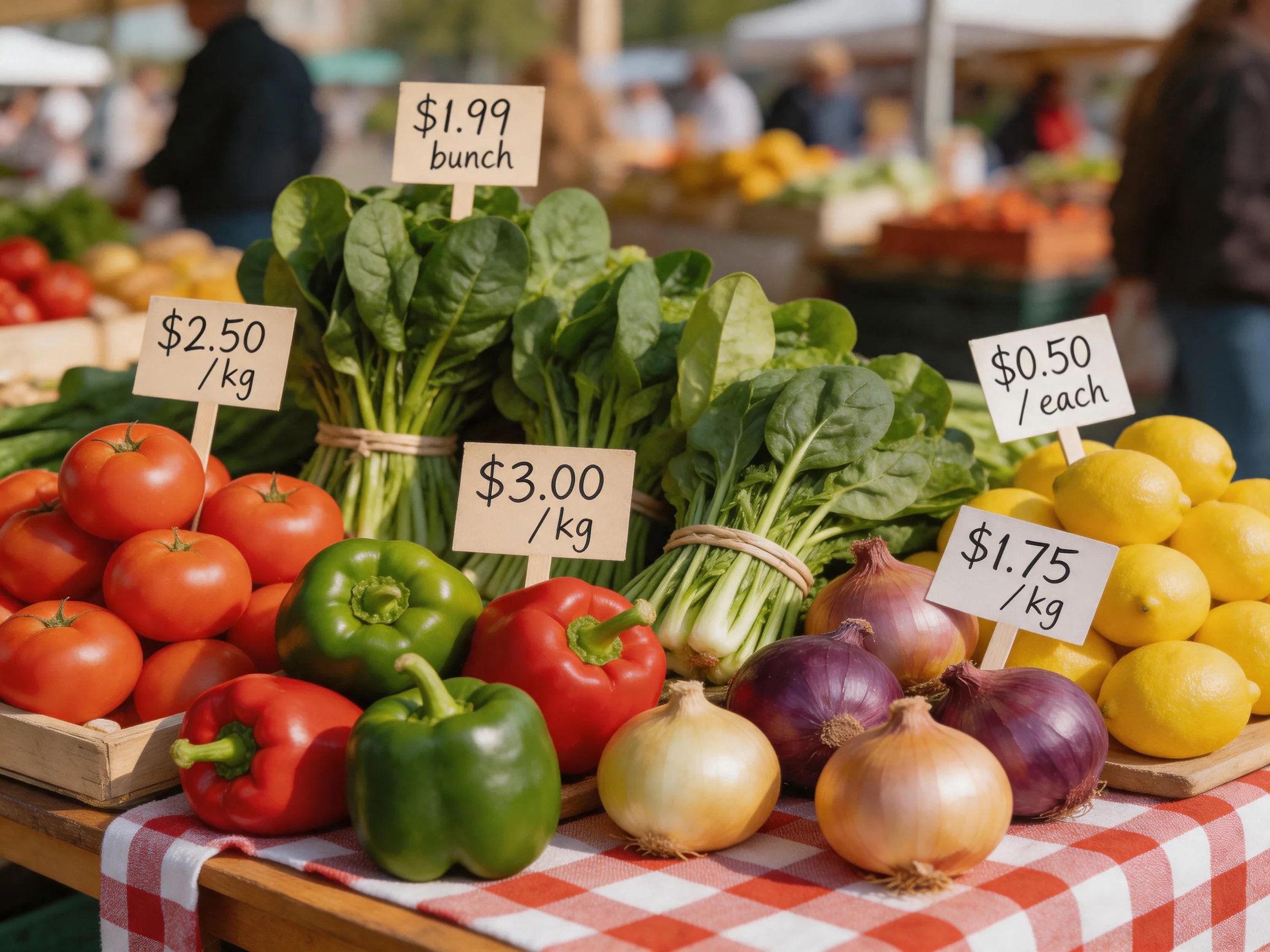 Fresh vegetables and citrus fruits displayed with price signs at outdoor market