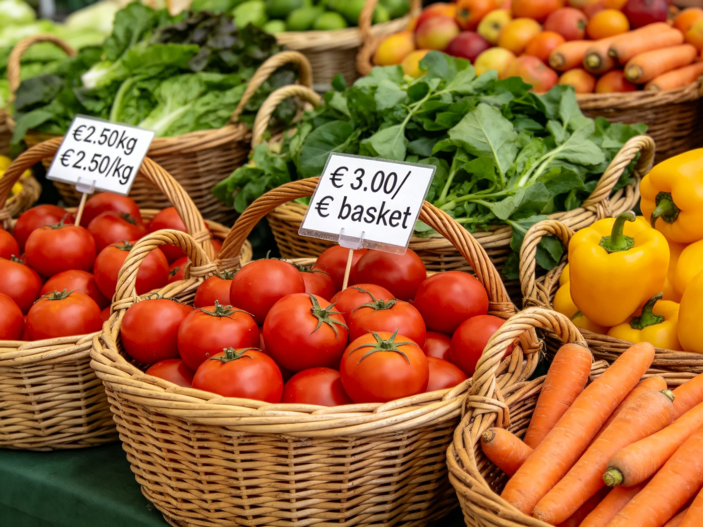 Fresh vegetables and fruits displayed in wicker baskets at outdoor market