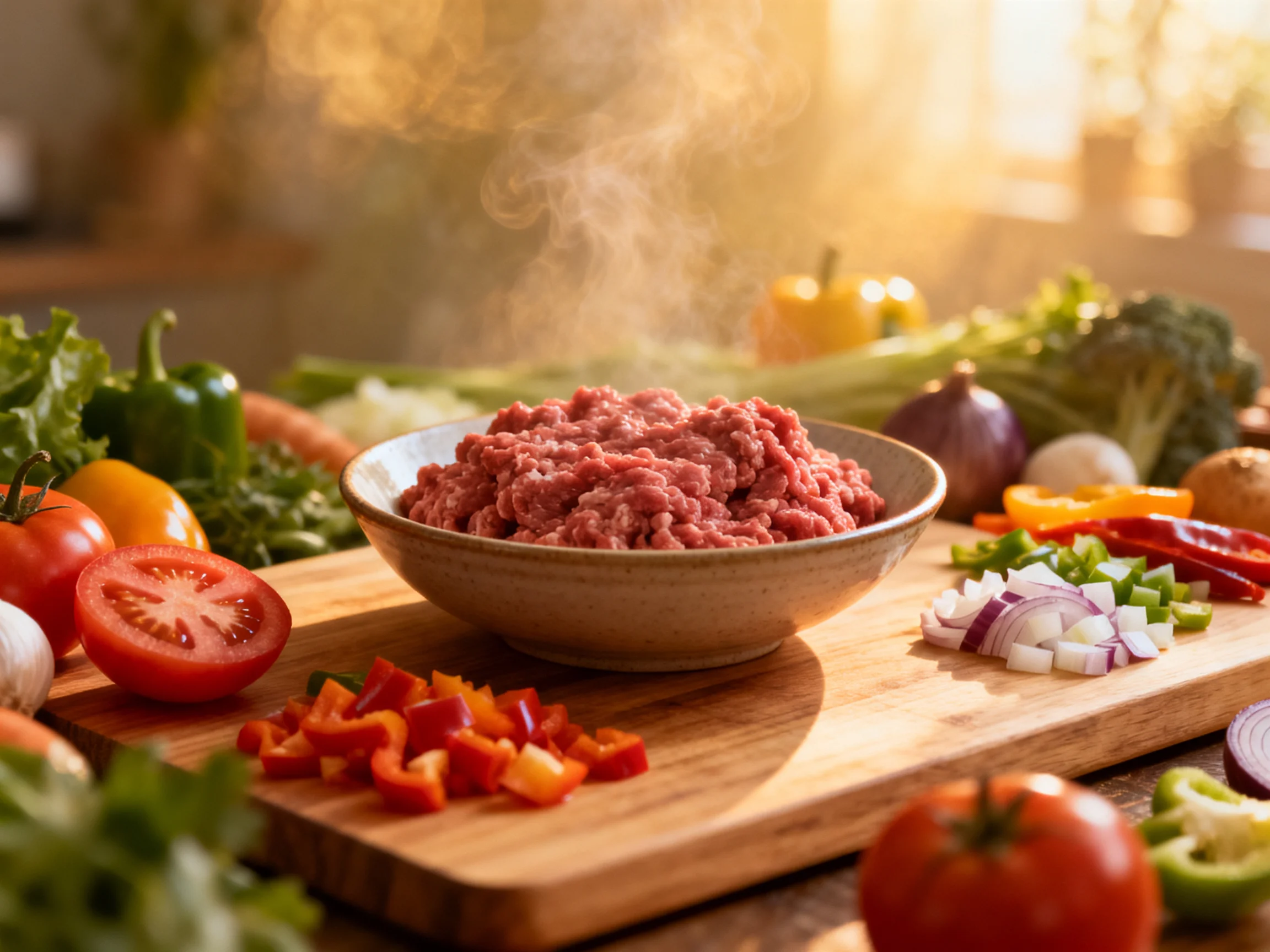 Fresh vegetables and ground meat arranged on a wooden cutting board