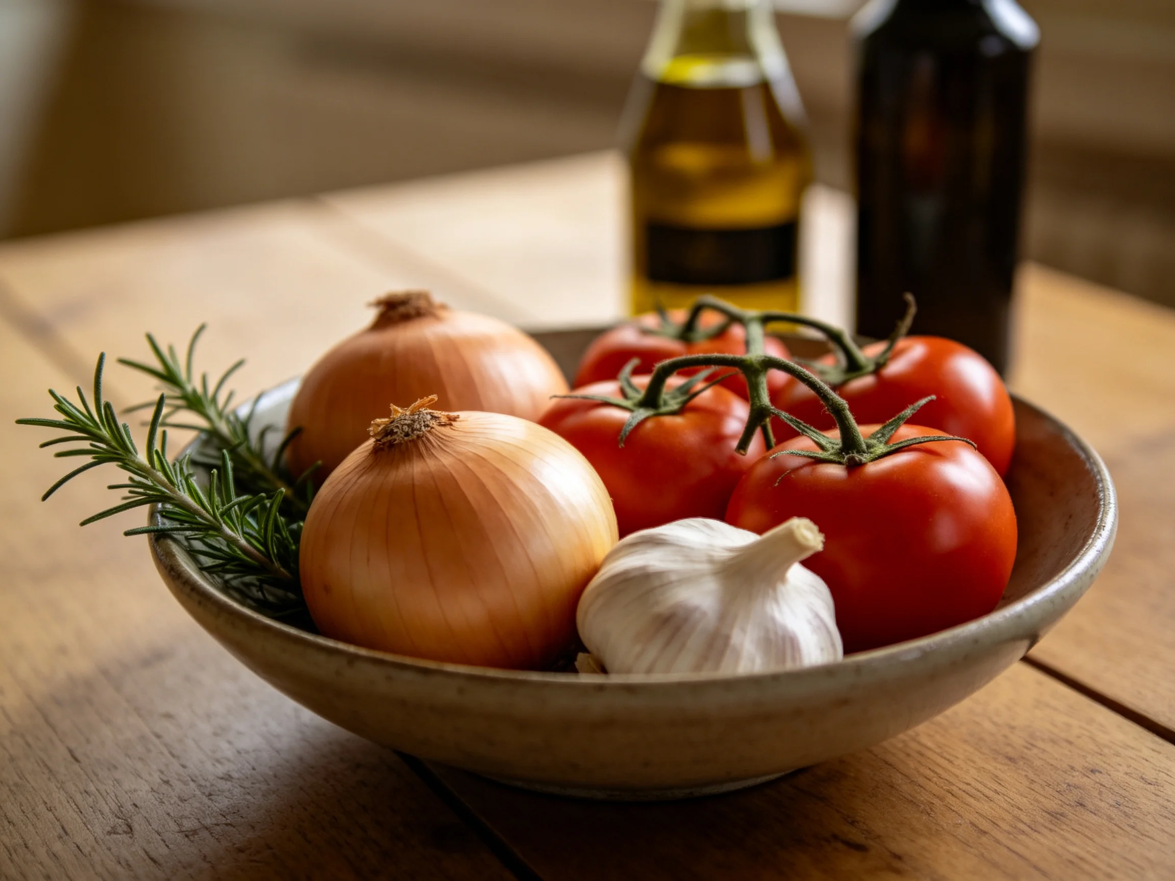 Fresh vegetables and herbs in a bowl with oil bottles