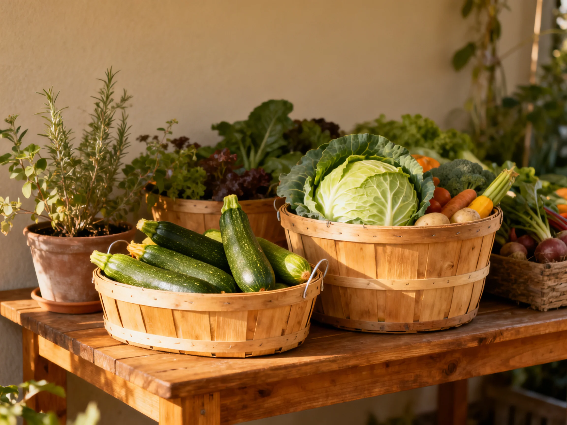Fresh vegetables and herbs in wooden baskets on a wooden table