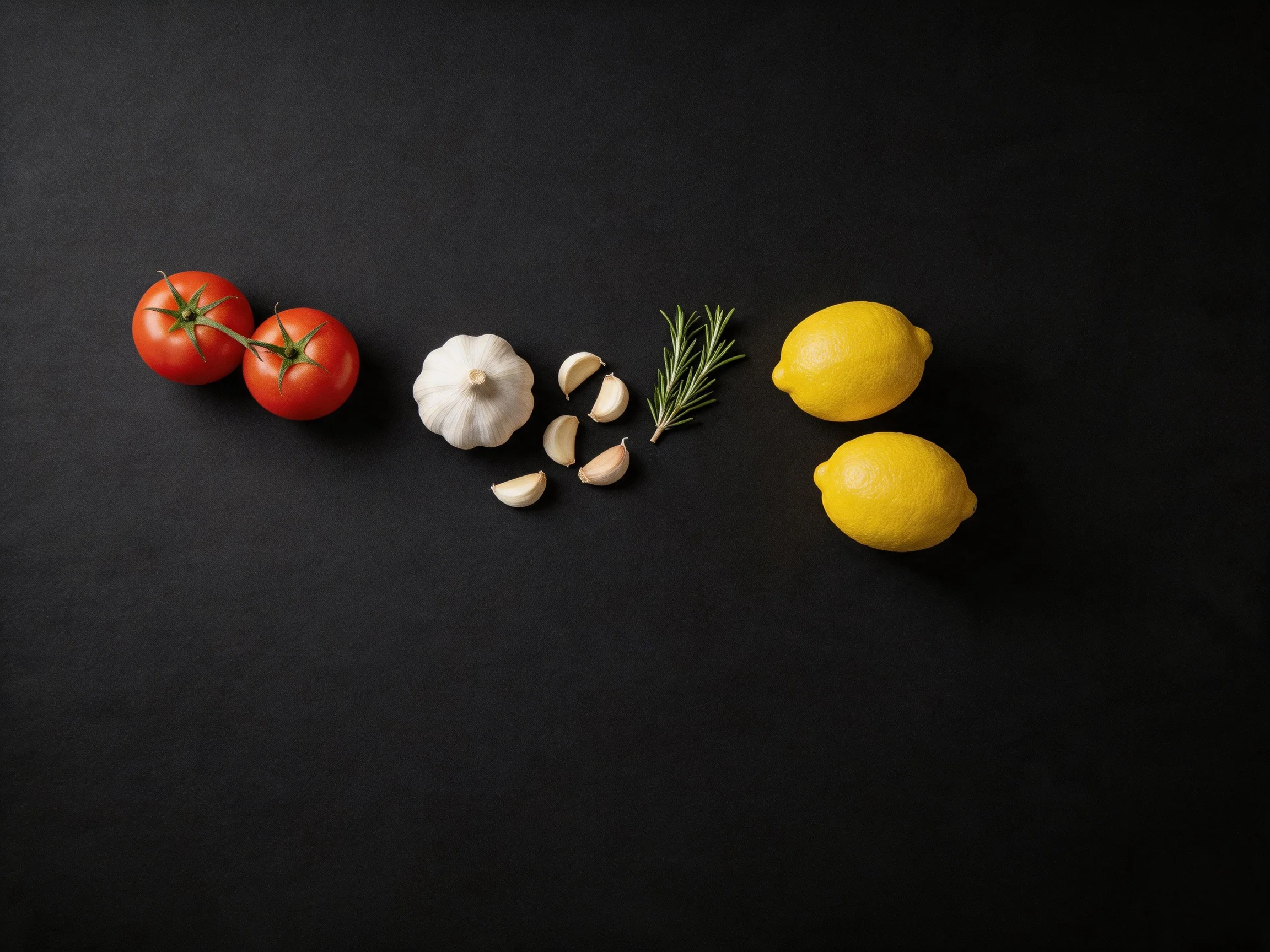 Fresh vegetables and herbs including tomatoes, garlic, rosemary, and lemons arranged on dark surface