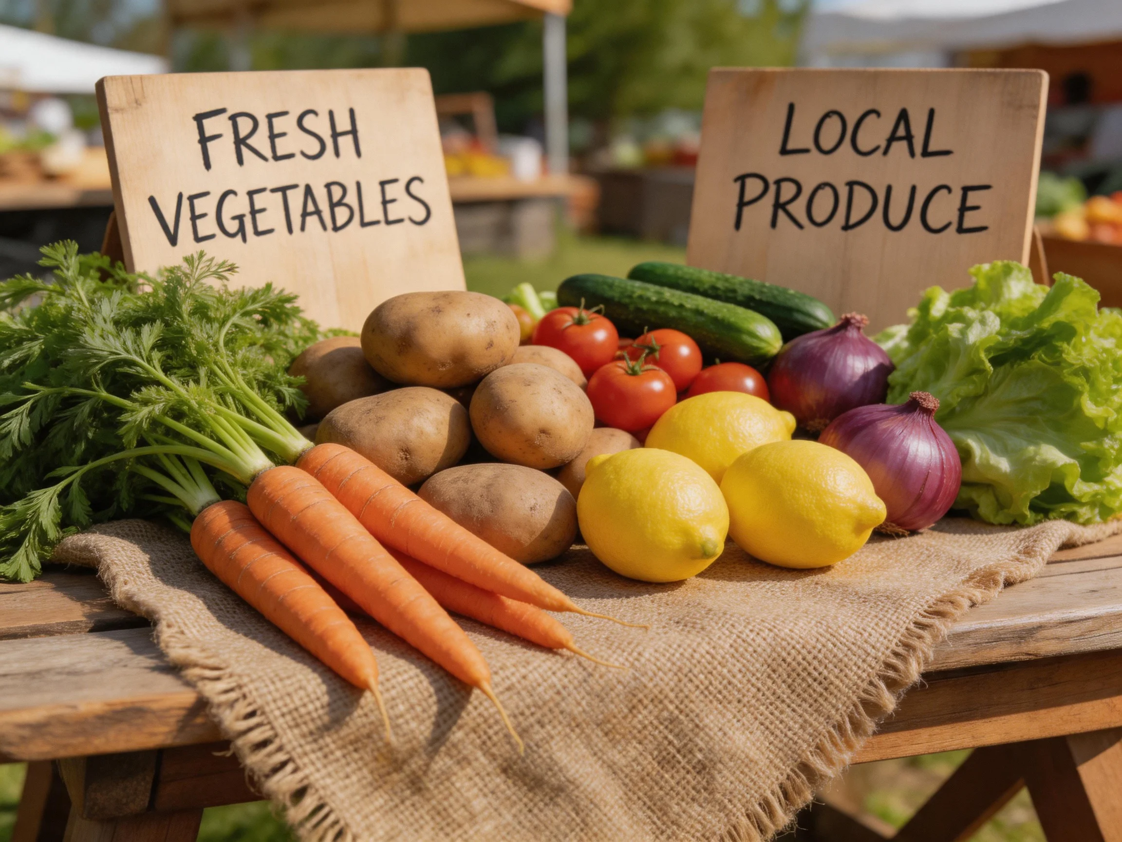 Fresh vegetables and local produce displayed on a rustic wooden table with burlap cloth