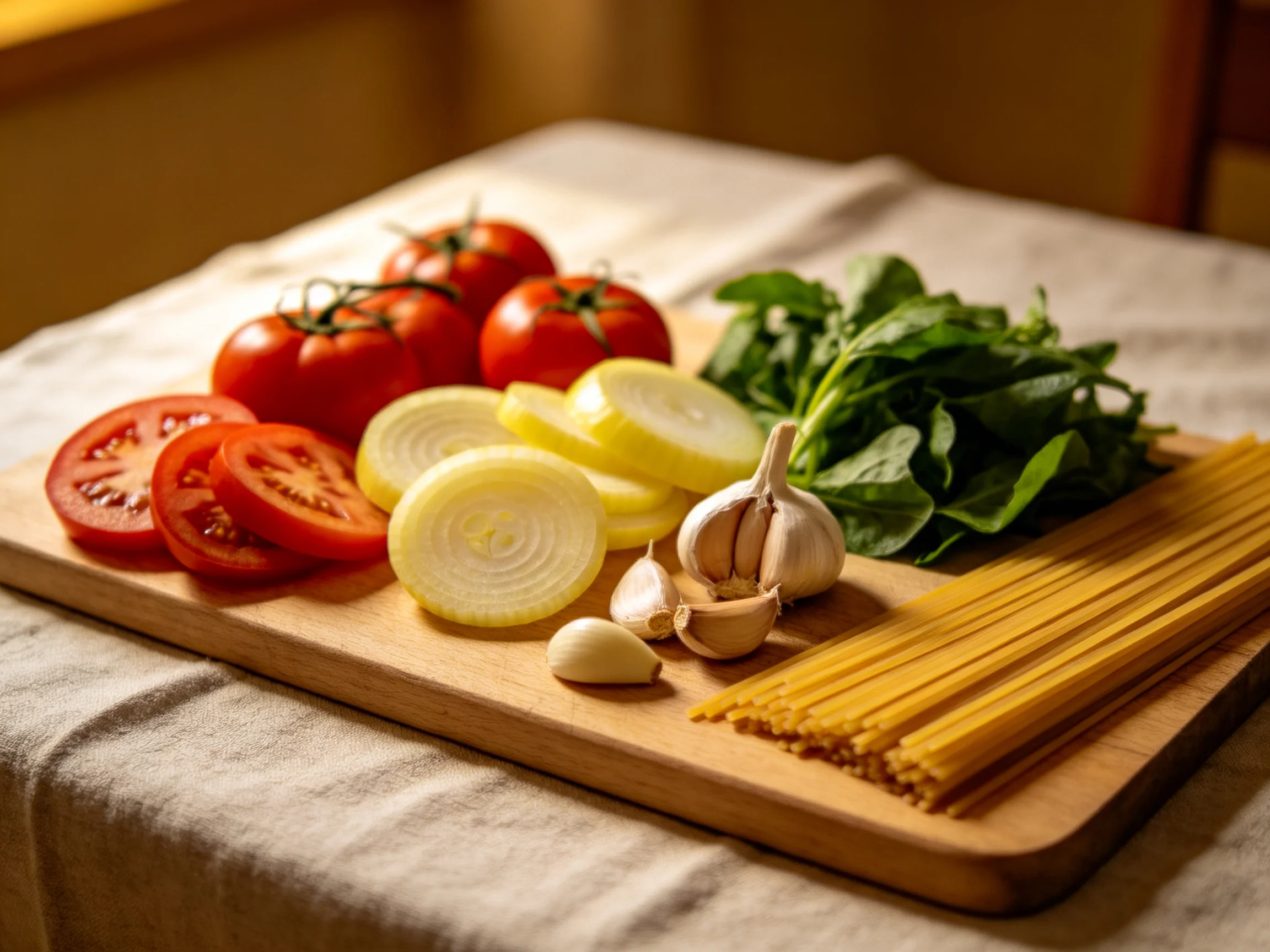 Fresh vegetables and pasta arranged on a wooden cutting board