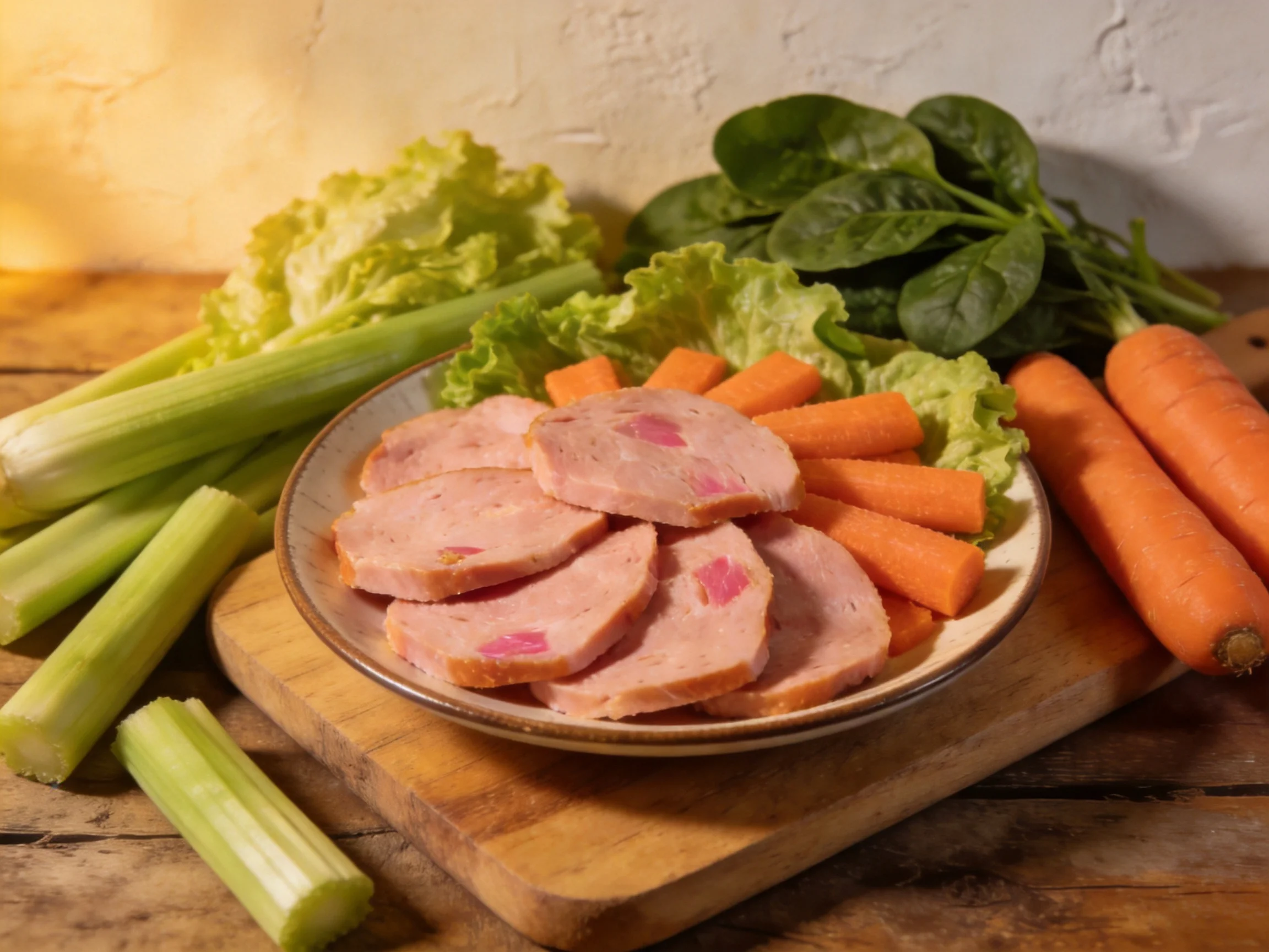 Fresh vegetables and sliced meat arranged on rustic wooden surface