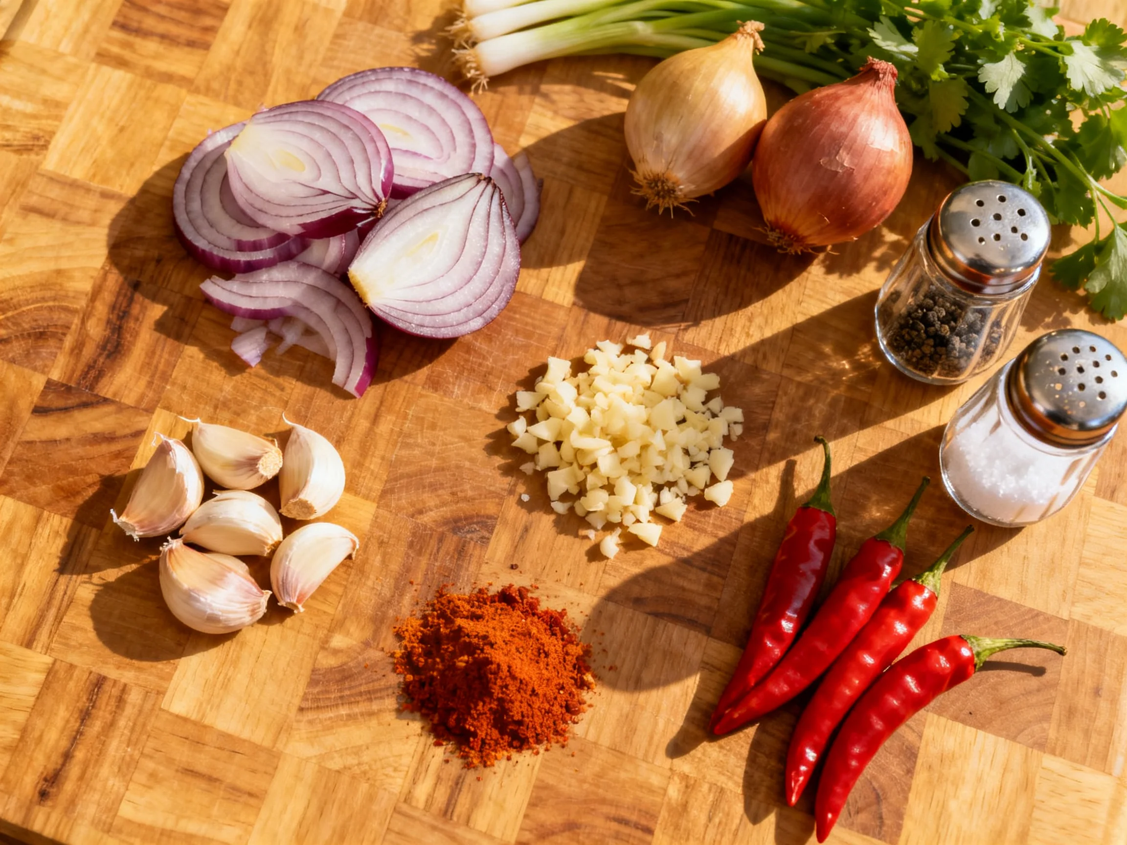 Fresh vegetables and spices arranged on a wooden cutting board